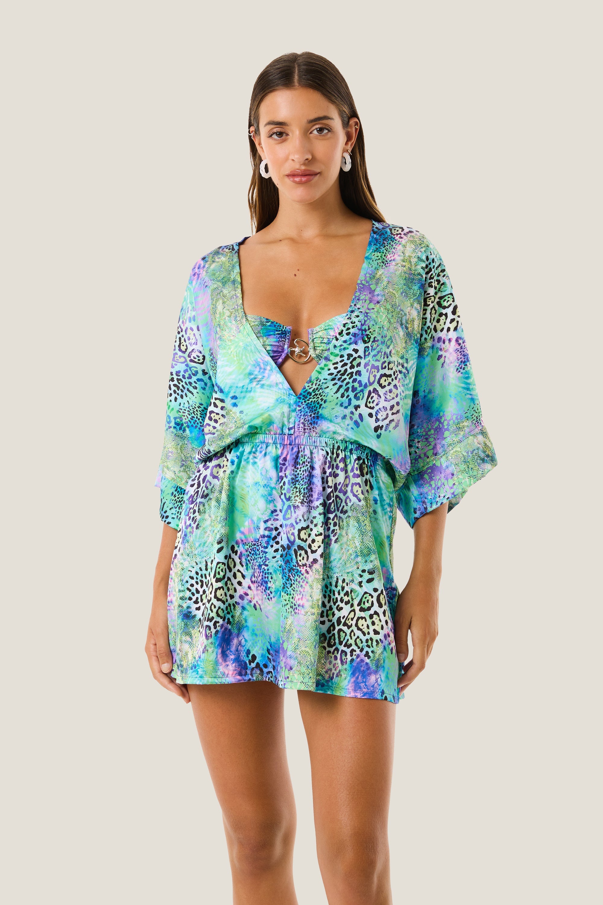 4giveness Abito Scollo V E Manica 3/4 Patch Animalier Multicolor