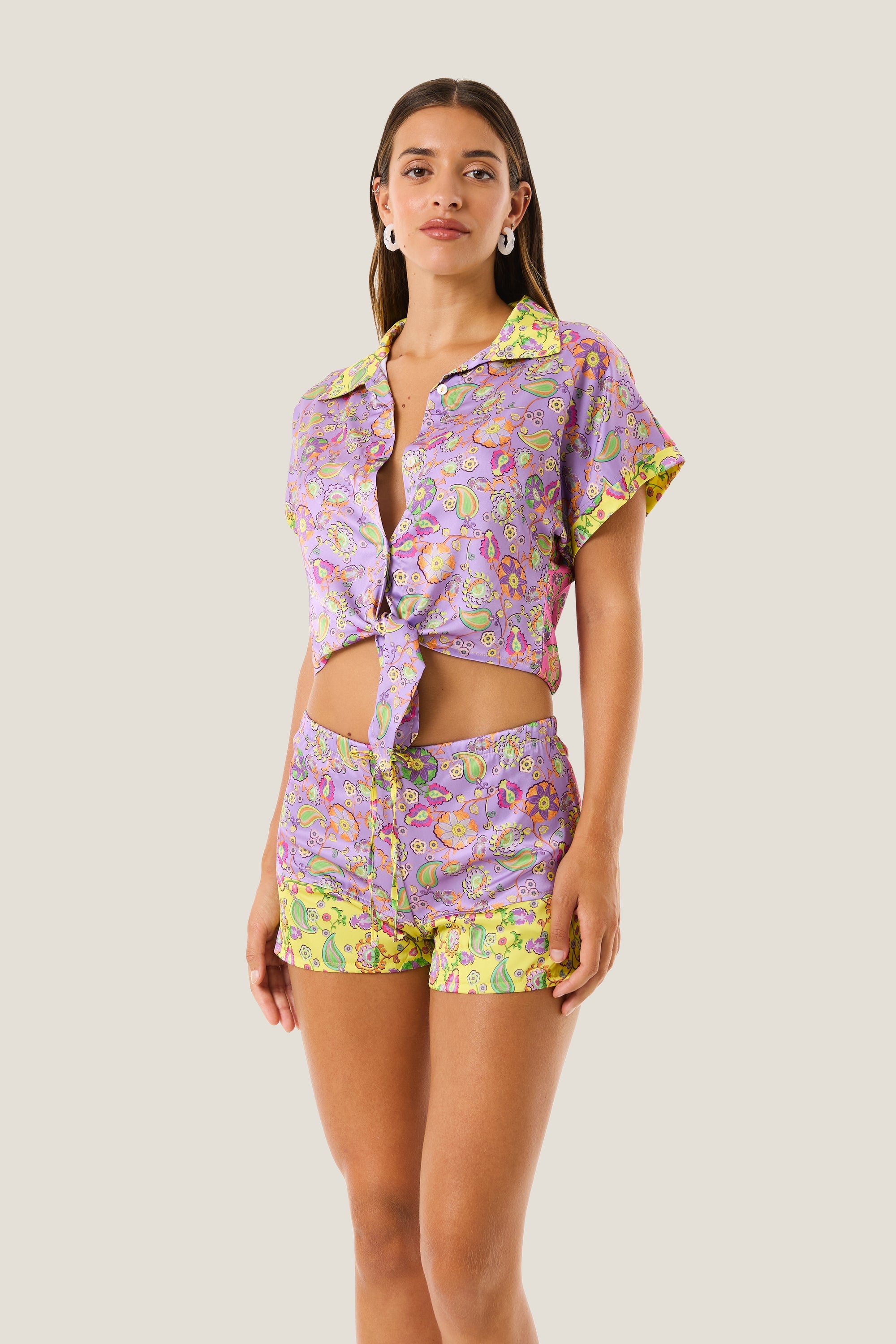4giveness Camicia Crop Smanicata Con Nodo Boho Chic Multicolor