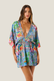 4giveness Vestito Corto Scollo V E Manica 3/4 Denim Mexican Multicolor