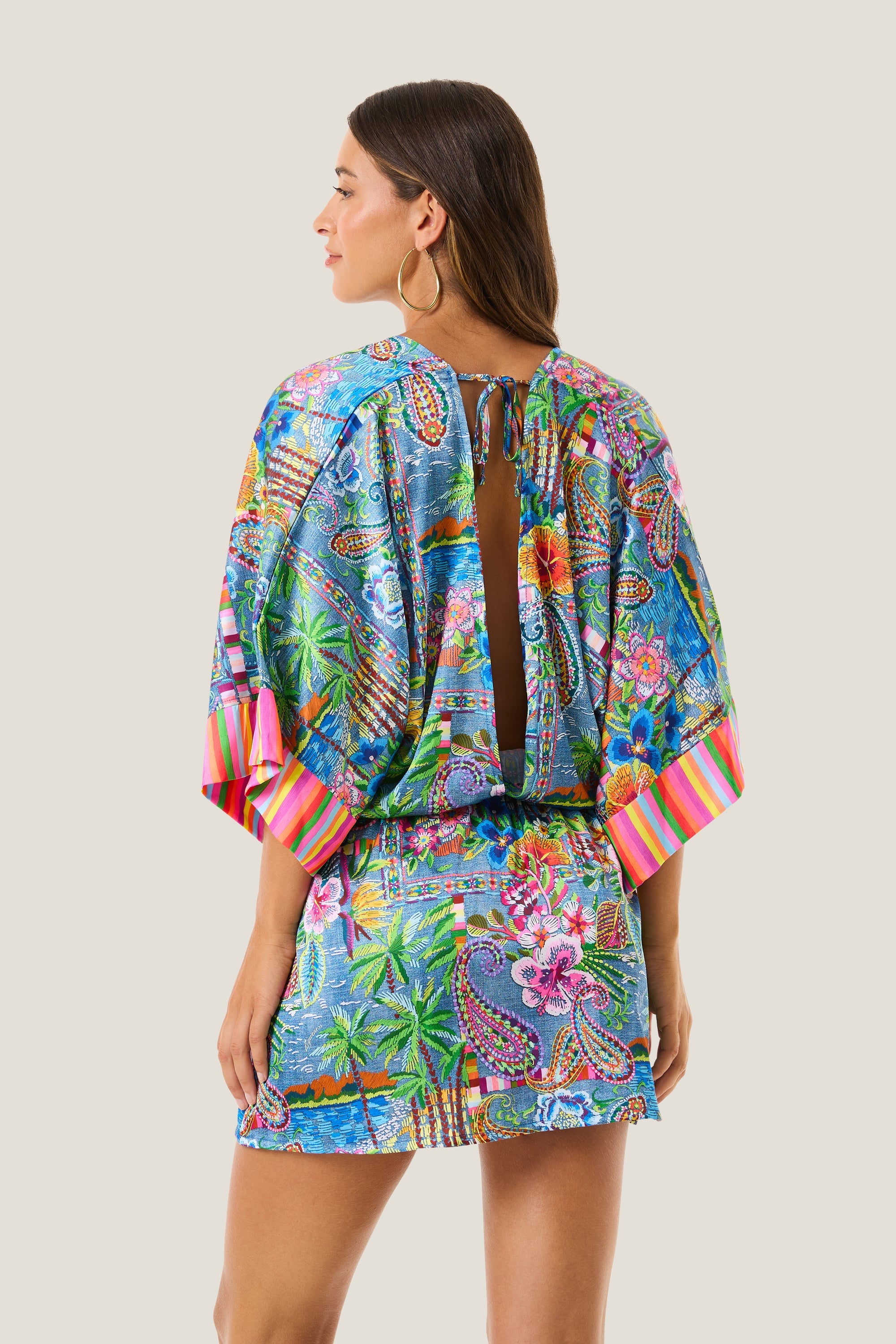 4giveness Vestito Corto Scollo V E Manica 3/4 Denim Mexican Multicolor