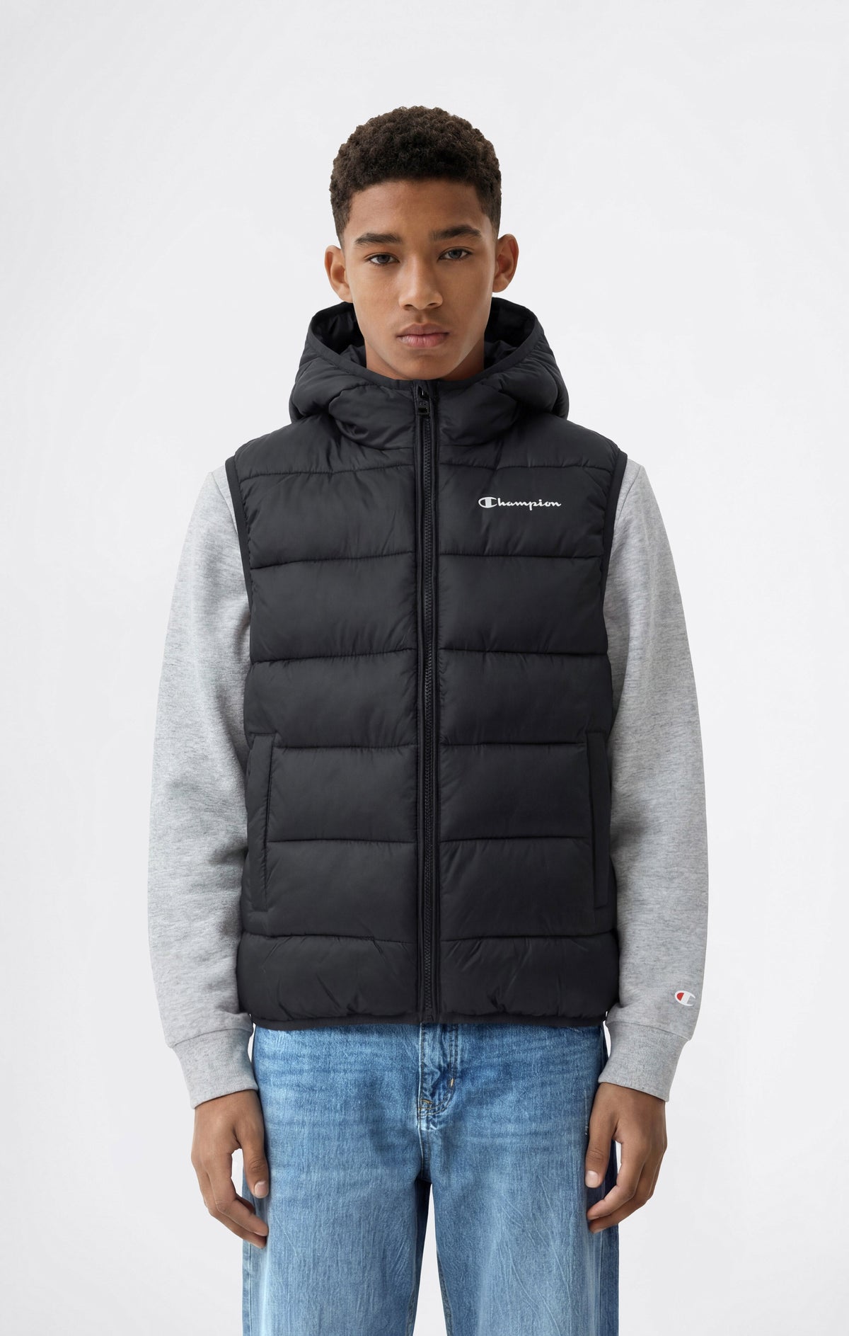Champion Abito Smanicato Imbottito con Cappuccio e Zip Integrale - Nero