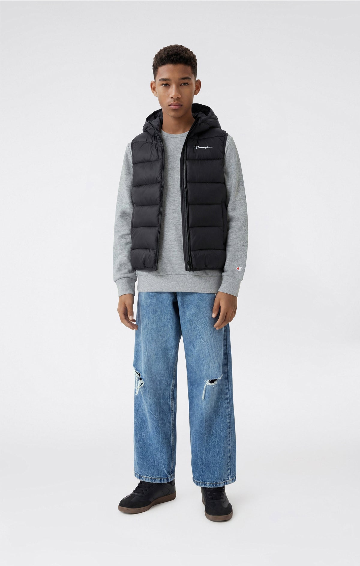 Champion Abito Smanicato Imbottito con Cappuccio e Zip Integrale - Nero