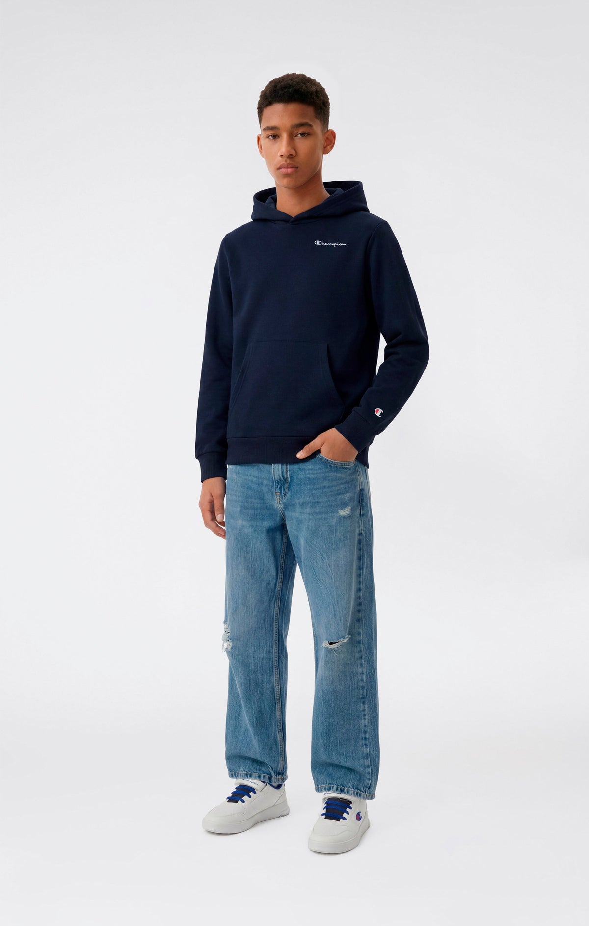 Champion Felpa Cappuccio con Piccole Icone Ricamate - Blu Navy