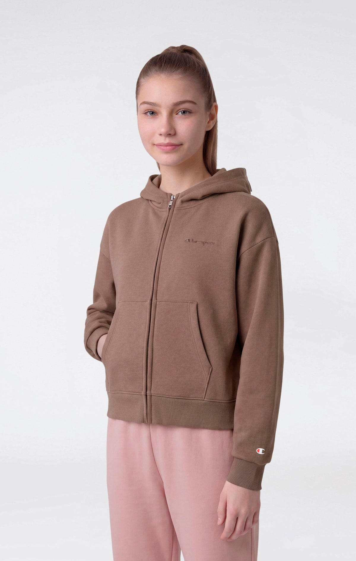 Champion Felpa con Cappuccio e Zip Intera - Marrone Chiaro