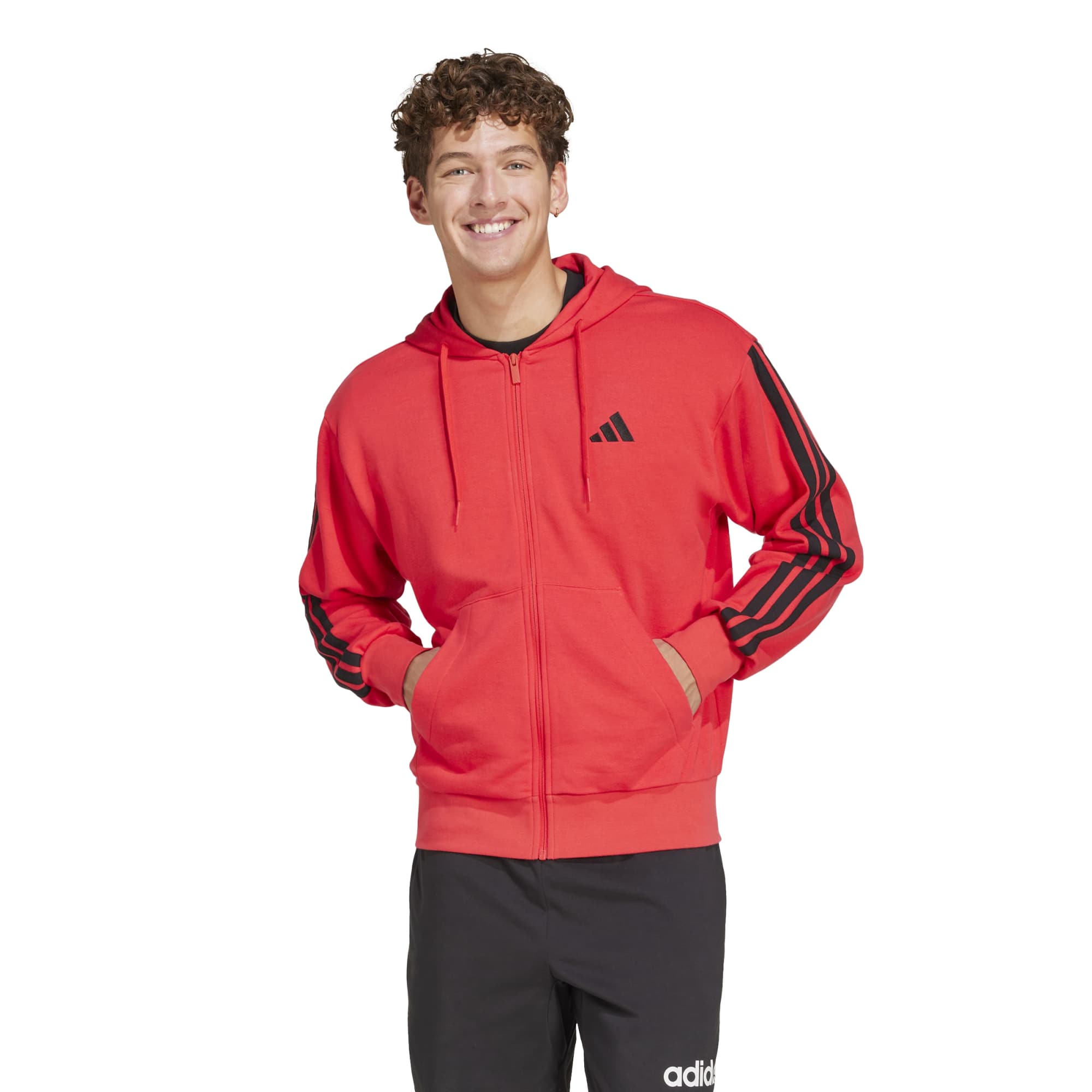 Felpa con cappuccio Essentials 3-Stripes French Terry Full-Zip - Rosso / Nero