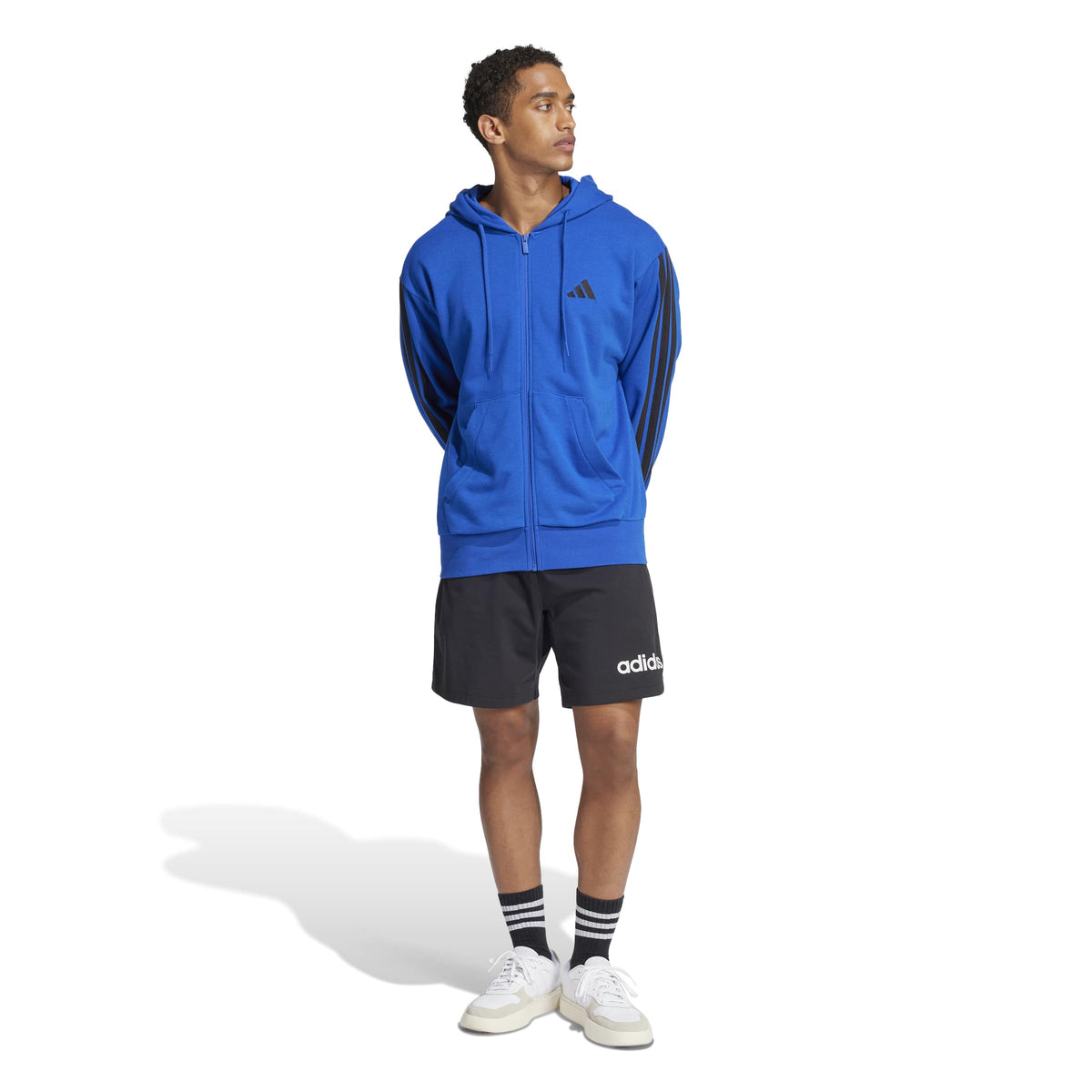 Adidas Felpa con Cappuccio Essentials 3-Stripes French Terry Full-zip Blu