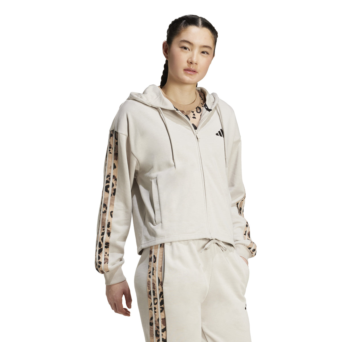 Adidas Felpa con Cappuccio A 3 Strisce In French Terry con Stampa Animalier e Zip Intera. Grigio