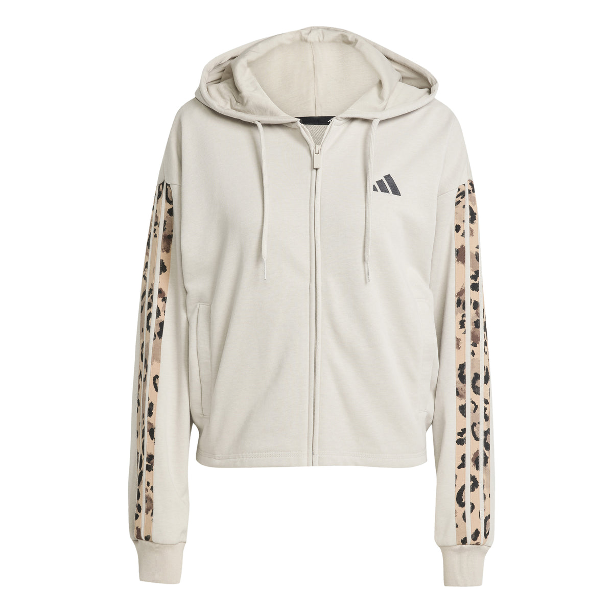 Adidas Felpa con Cappuccio A 3 Strisce In French Terry con Stampa Animalier e Zip Intera. Grigio