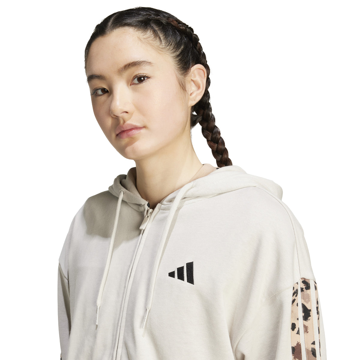 Adidas Felpa con Cappuccio A 3 Strisce In French Terry con Stampa Animalier e Zip Intera. Grigio