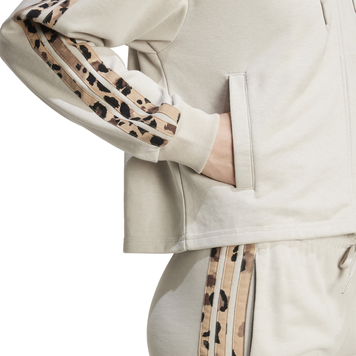 Adidas Felpa con Cappuccio A 3 Strisce In French Terry con Stampa Animalier e Zip Intera. Grigio