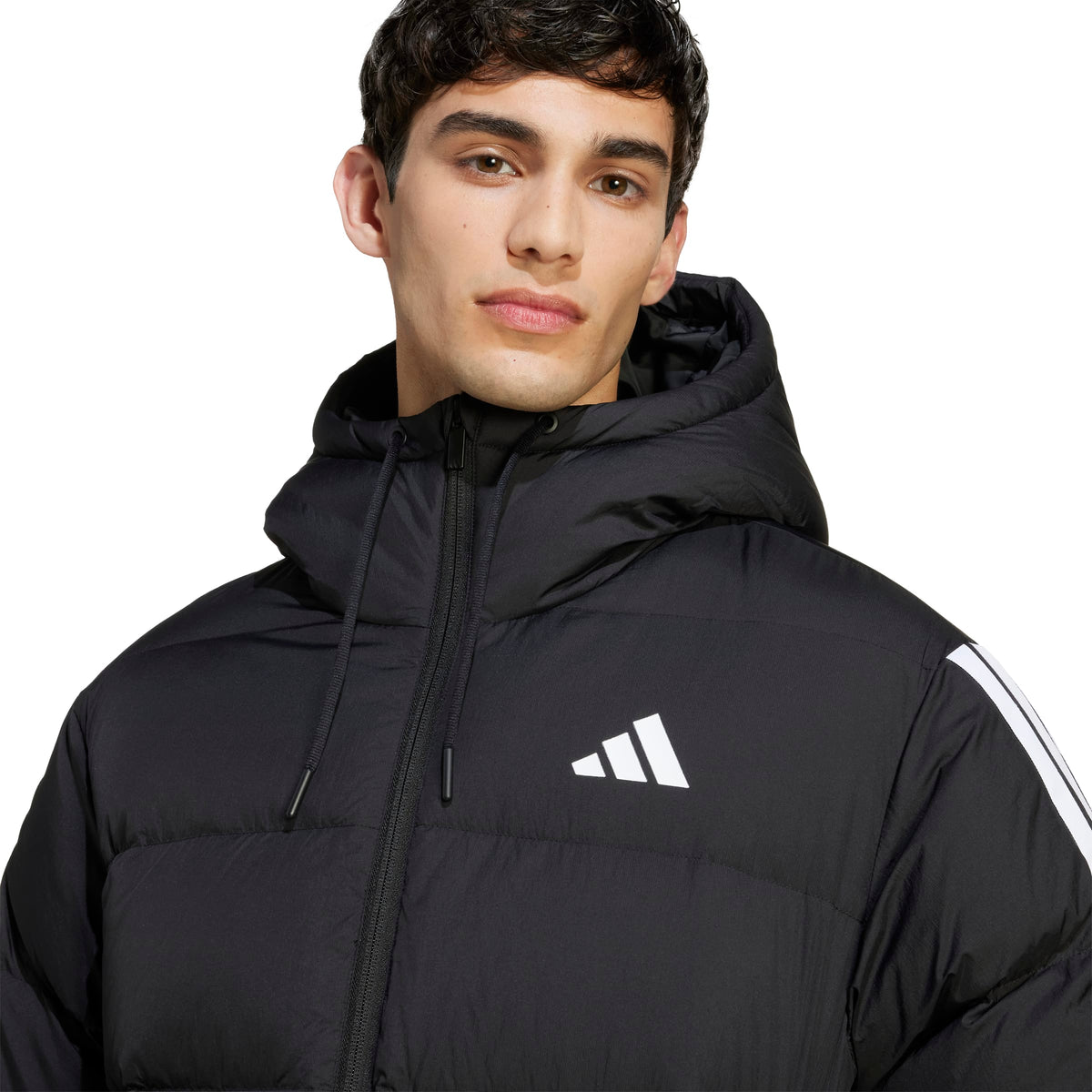 Adidas Essentials Climawarm Giacca Piumino con Cappuccio 3 Strisce Nero
