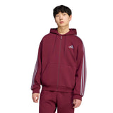 Giacca da Allenamento con Cappuccio Essentials 3 Strisce In Tessuto Felpato con Zip Integrale - Rosso