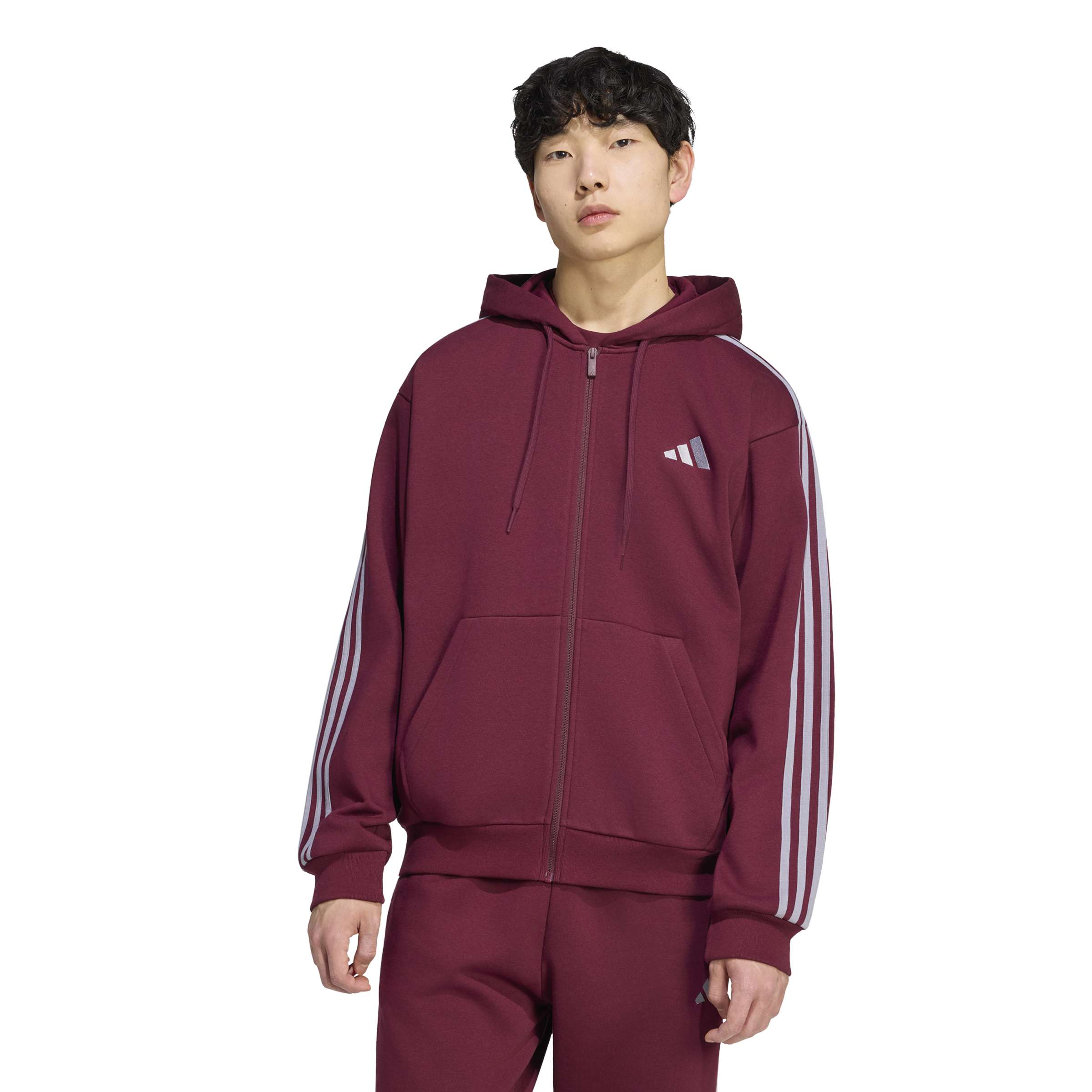 Adidas Giacca da Allenamento con Cappuccio Essentials 3 Strisce In Tessuto Felpato con Zip Integrale Rosso