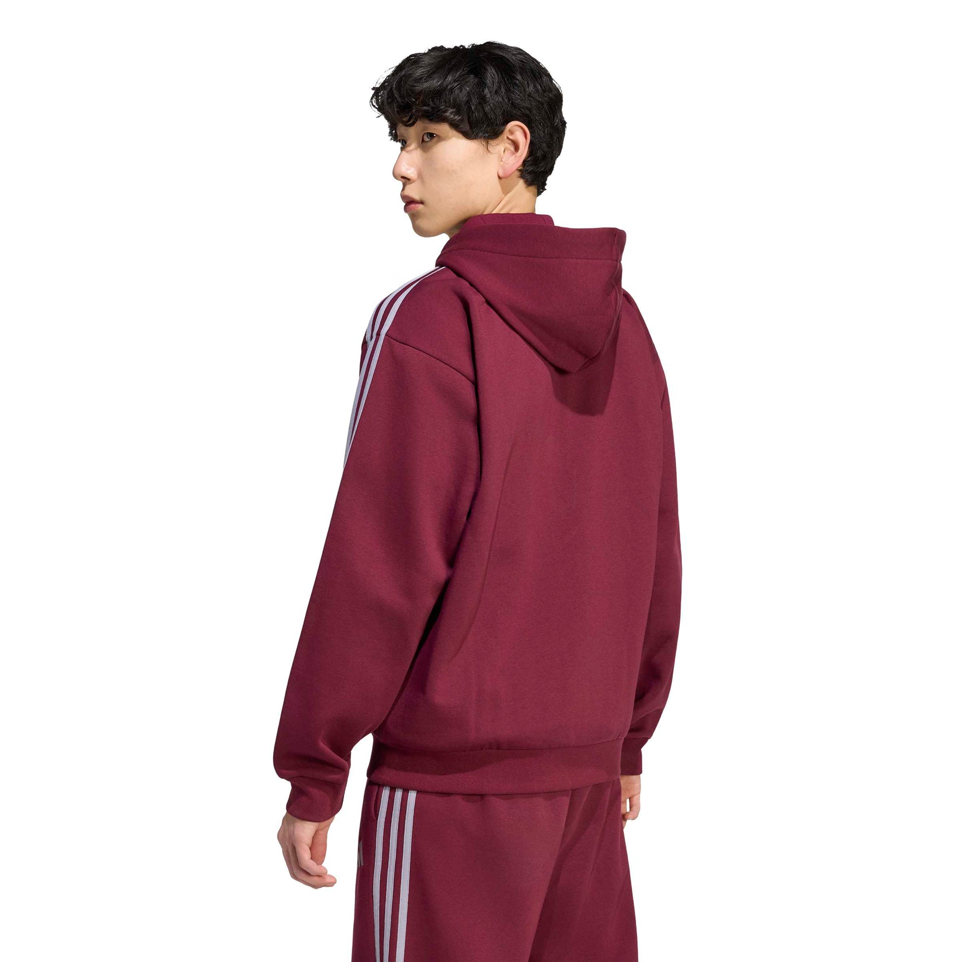 Adidas Giacca da Allenamento con Cappuccio Essentials 3 Strisce In Tessuto Felpato con Zip Integrale Rosso