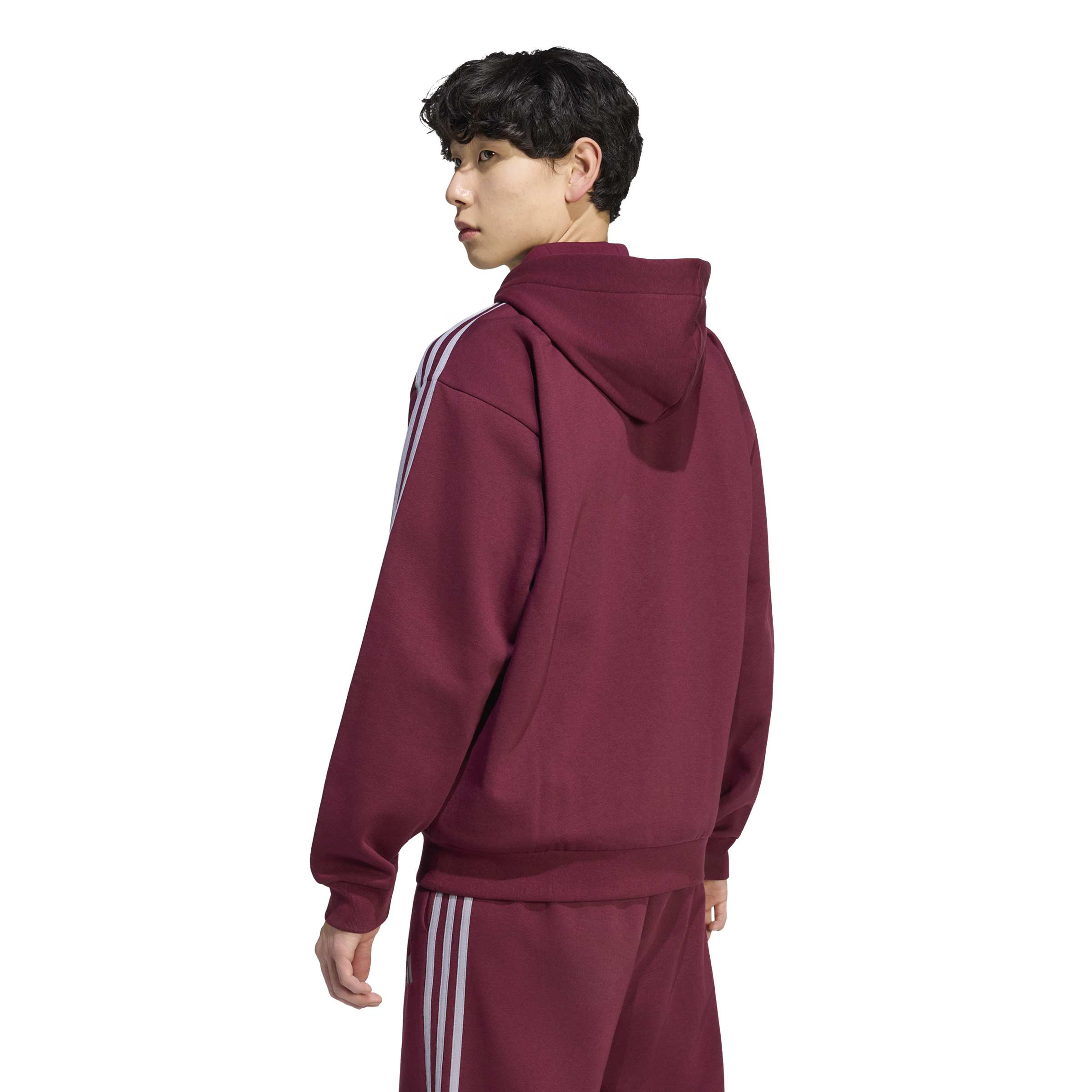 Adidas Giacca da Allenamento con Cappuccio Essentials 3 Strisce In Tessuto Felpato con Zip Integrale Rosso