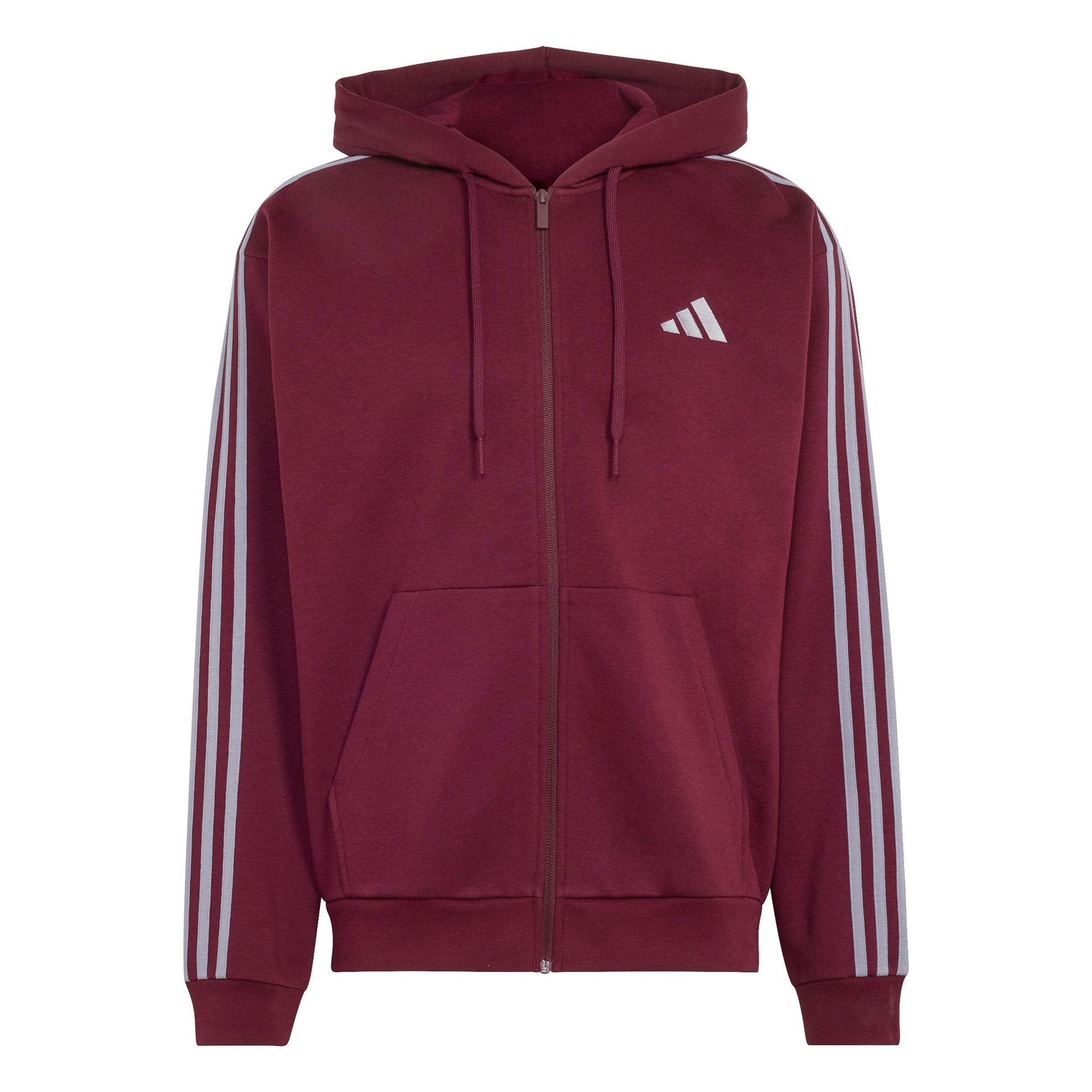 Adidas Giacca da Allenamento con Cappuccio Essentials 3 Strisce In Tessuto Felpato con Zip Integrale Rosso