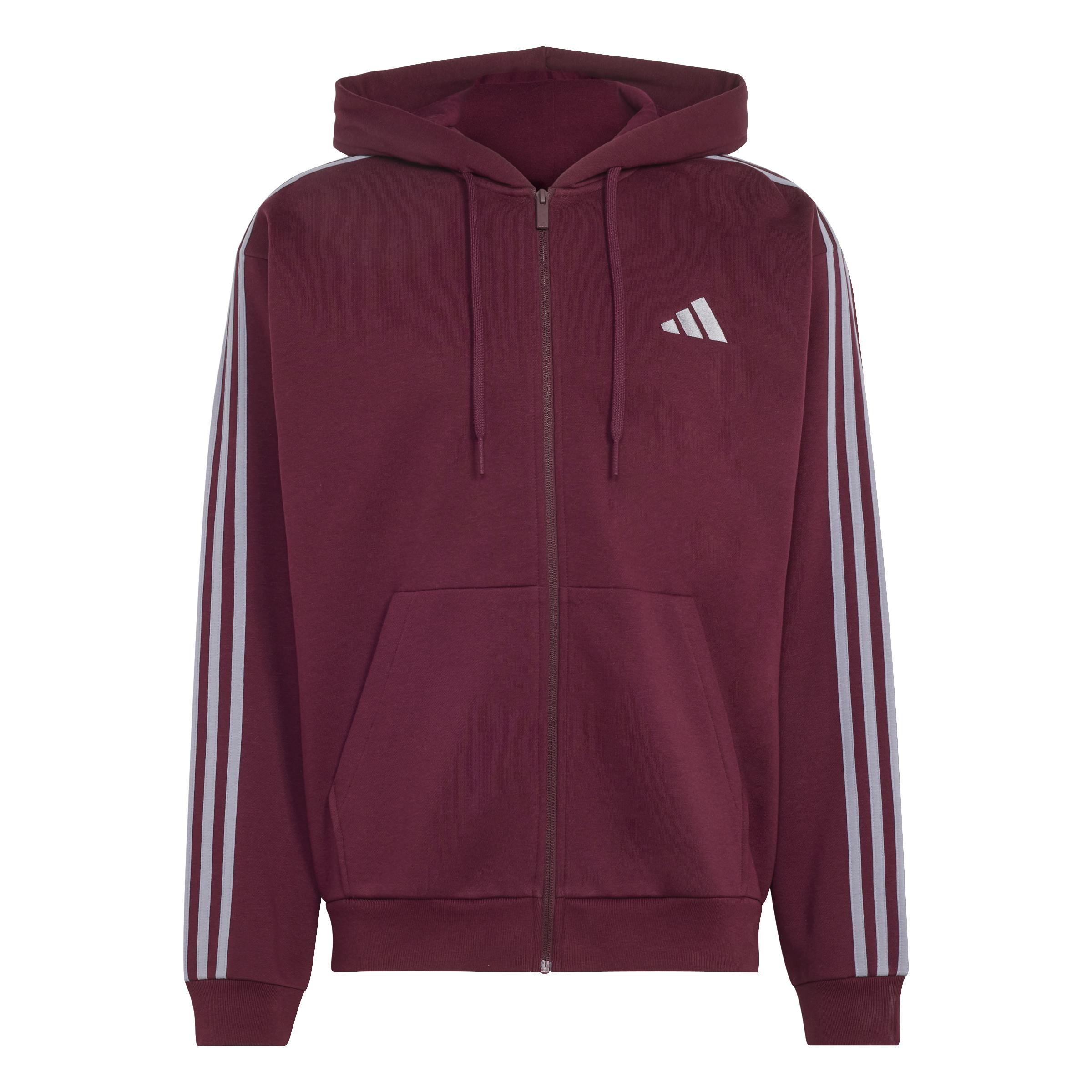 Adidas Giacca da Allenamento con Cappuccio Essentials 3 Strisce In Tessuto Felpato con Zip Integrale Rosso
