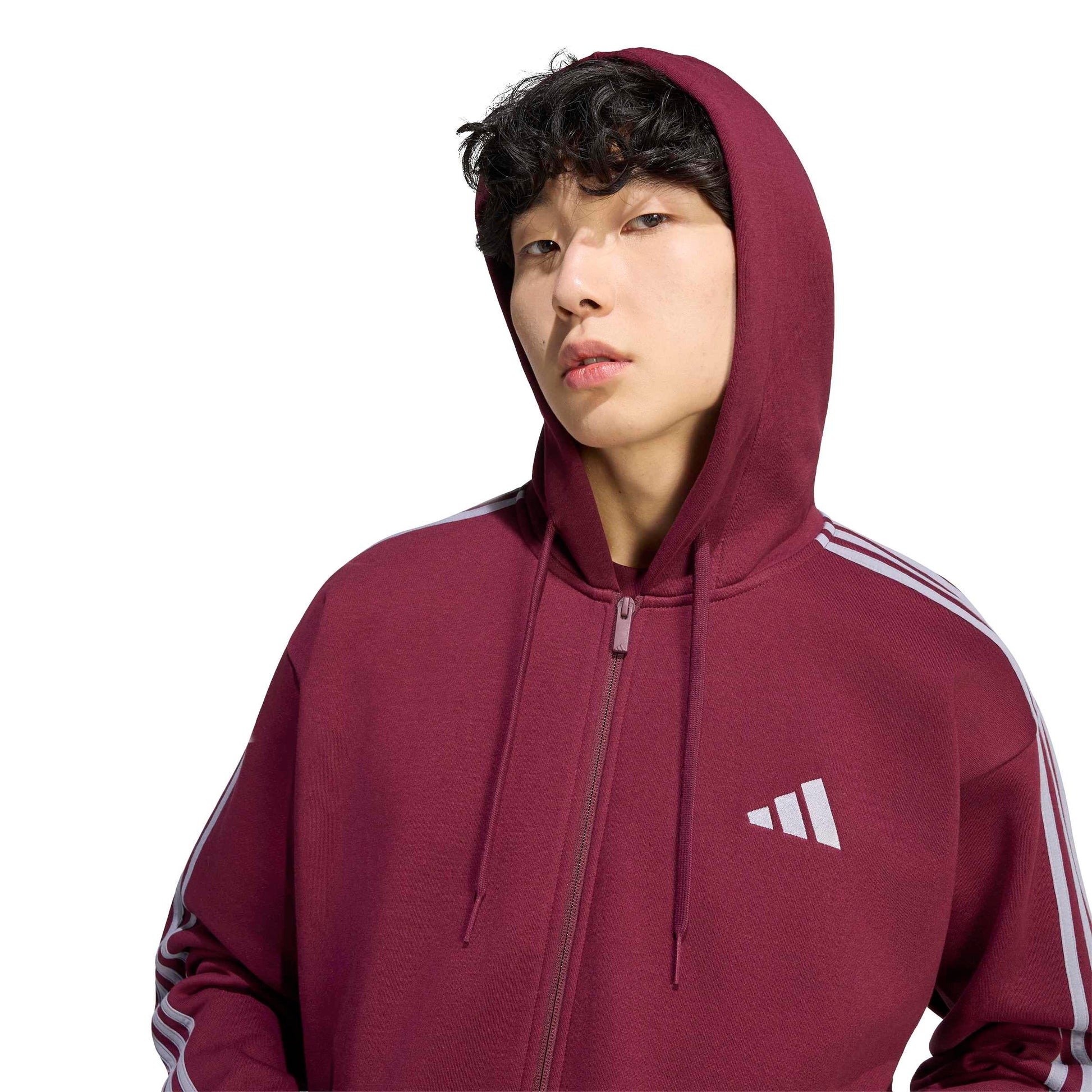 Adidas Giacca da Allenamento con Cappuccio Essentials 3 Strisce In Tessuto Felpato con Zip Integrale Rosso