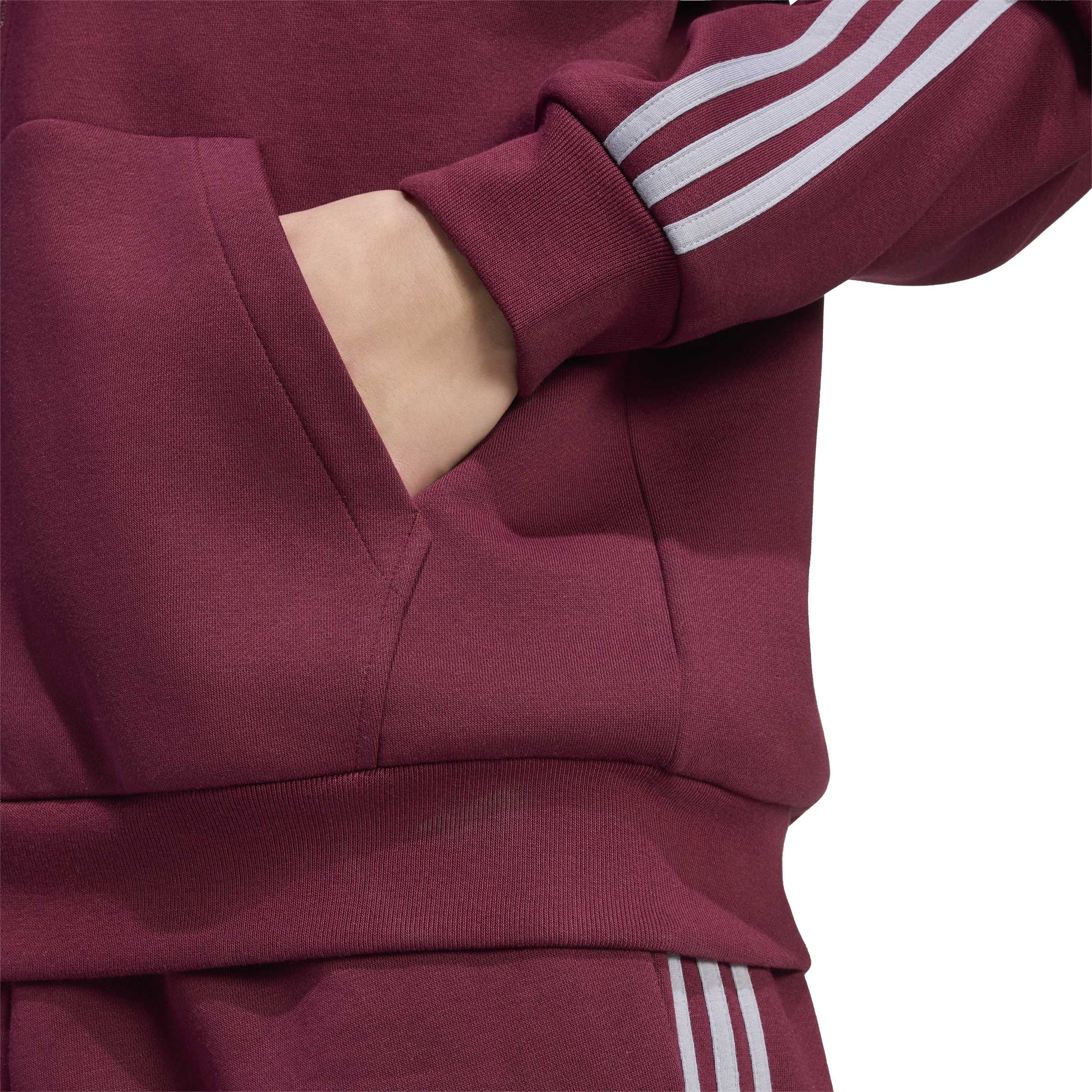 Adidas Giacca da Allenamento con Cappuccio Essentials 3 Strisce In Tessuto Felpato con Zip Integrale Rosso
