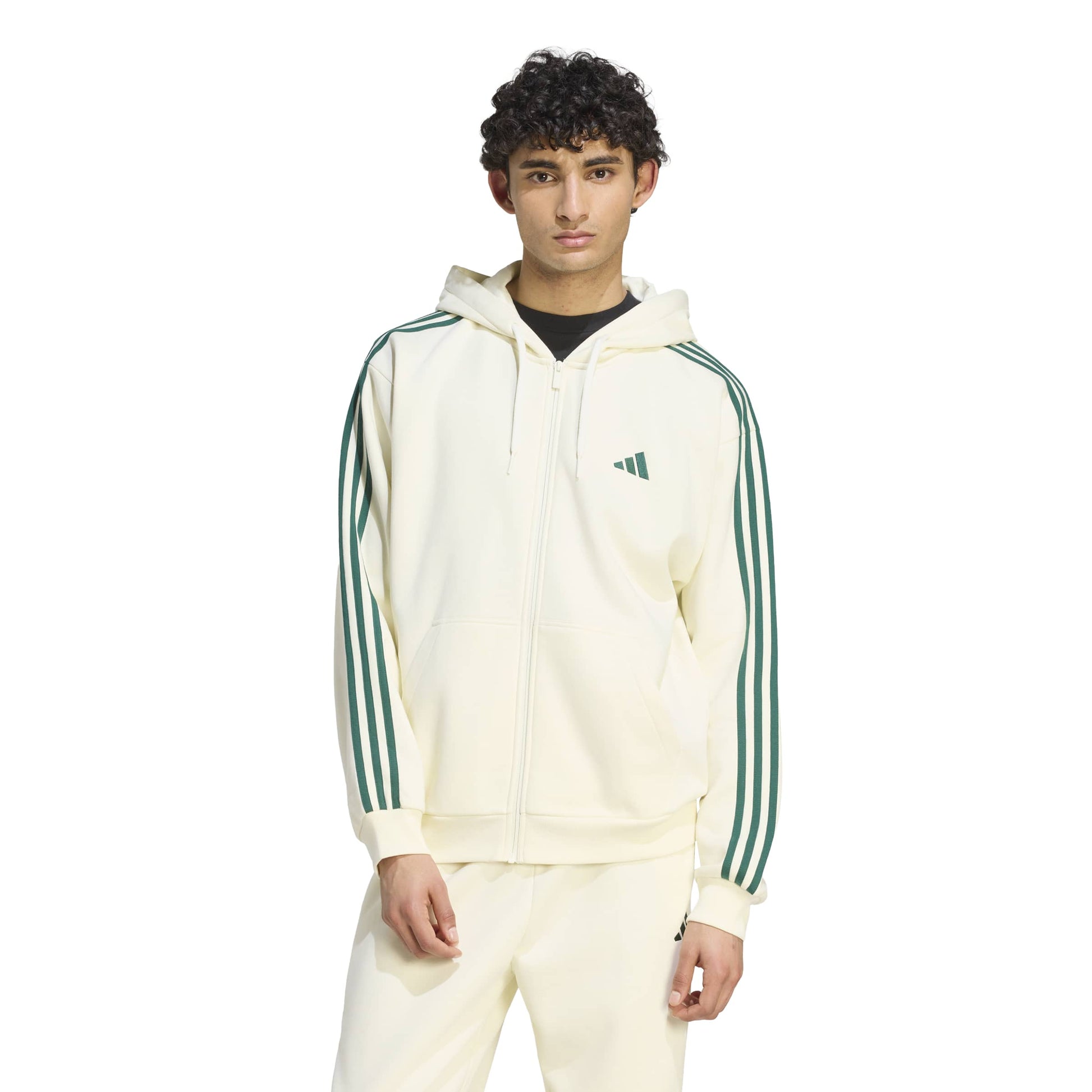 Adidas Giacca da Allenamento con Cappuccio Essentials 3 Strisce In Tessuto Felpato con Zip Integrale Beige