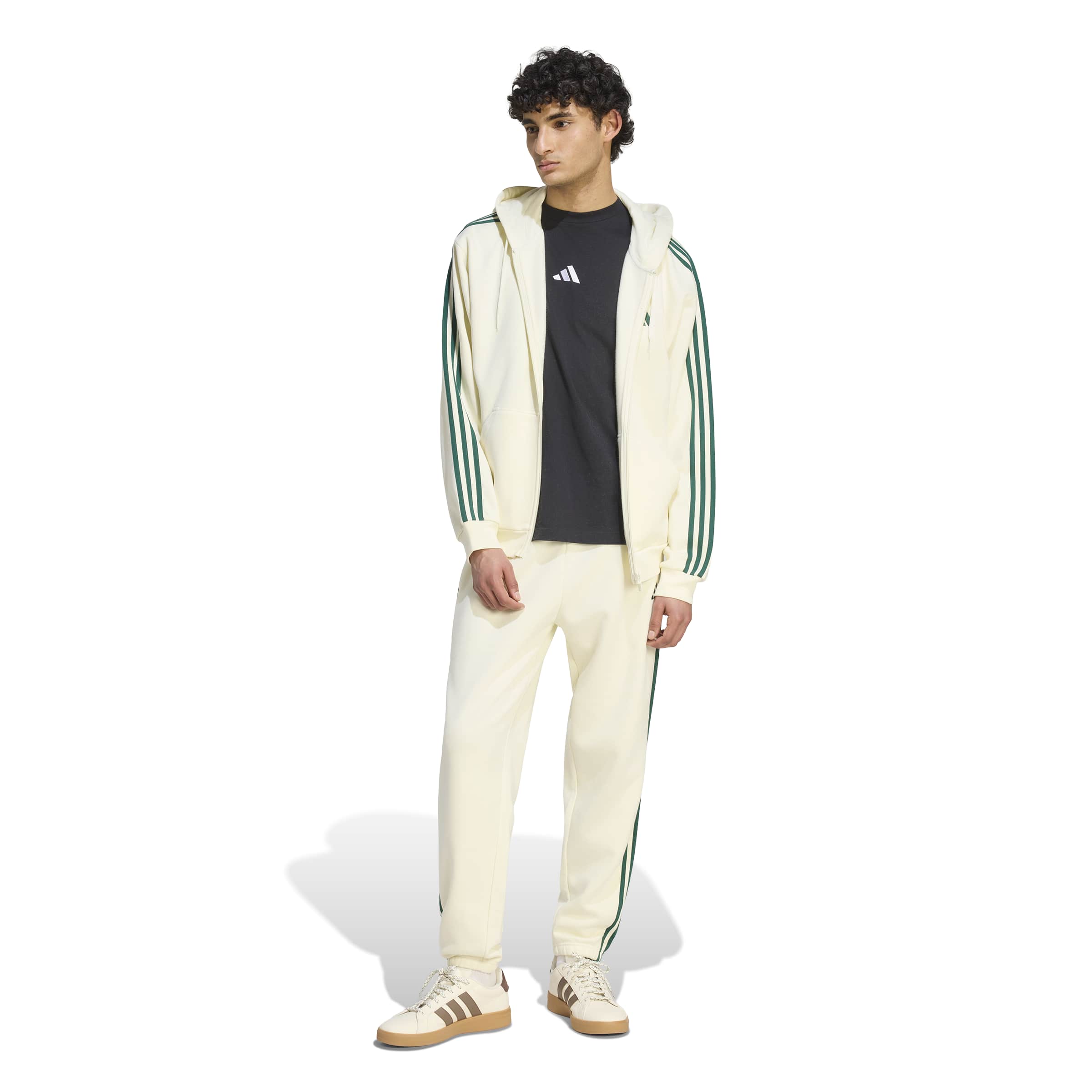 Adidas Giacca da Allenamento con Cappuccio Essentials 3 Strisce In Tessuto Felpato con Zip Integrale Beige