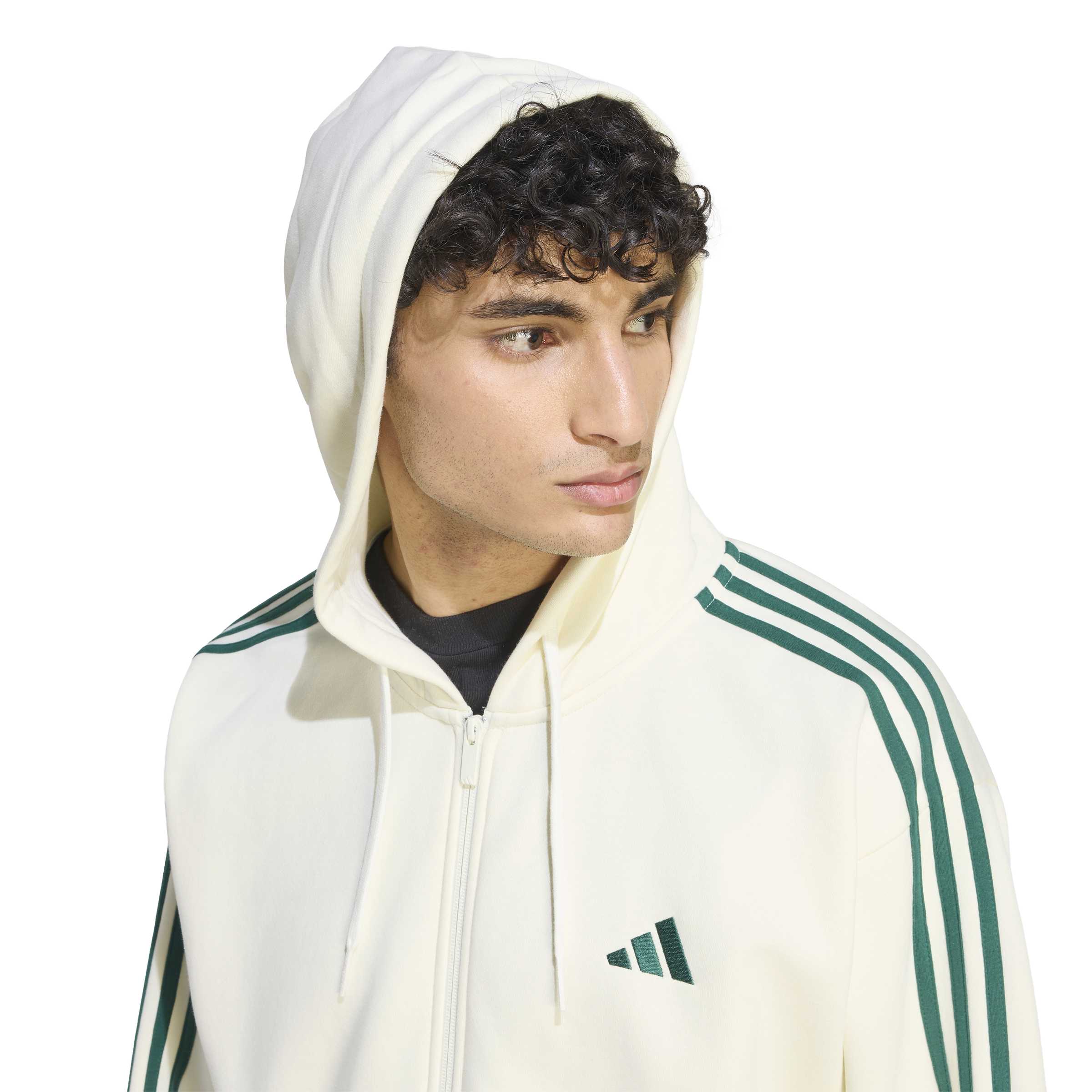 Adidas Giacca da Allenamento con Cappuccio Essentials 3 Strisce In Tessuto Felpato con Zip Integrale Beige