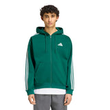 Giacca da Allenamento con Cappuccio Essentials 3 Strisce In Tessuto Felpato con Zip Integrale - Verde