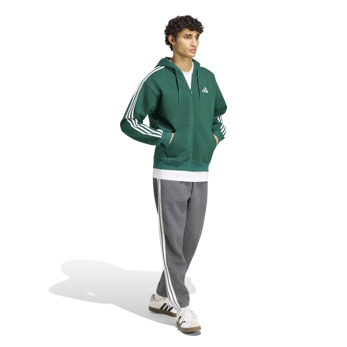 Adidas Giacca da Allenamento con Cappuccio Essentials 3 Strisce In Tessuto Felpato con Zip Integrale Verde