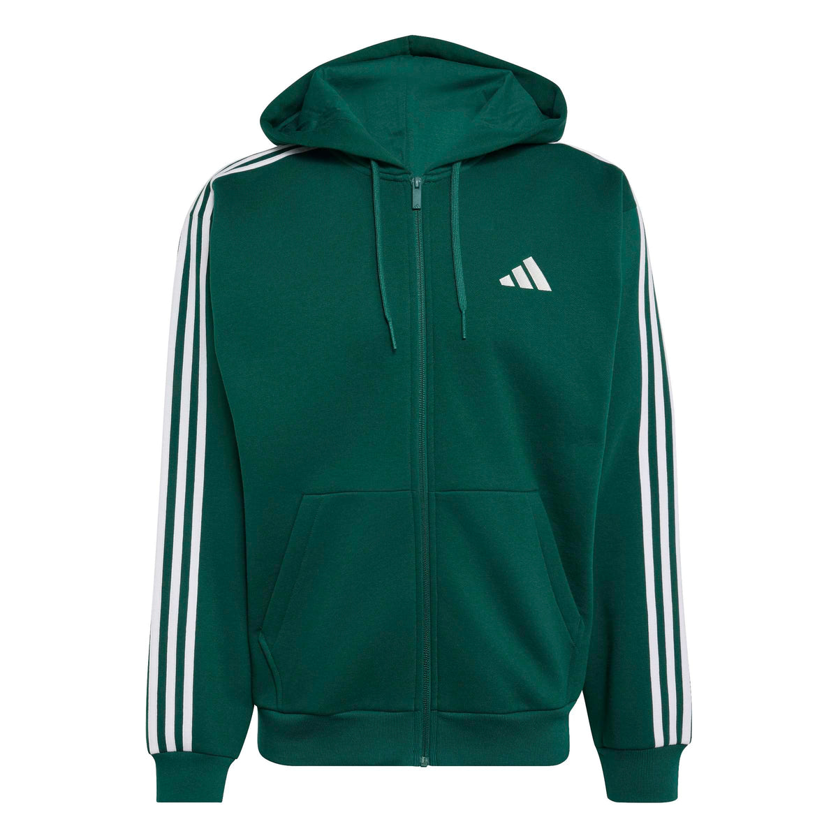 Adidas Giacca da Allenamento con Cappuccio Essentials 3 Strisce In Tessuto Felpato con Zip Integrale Verde