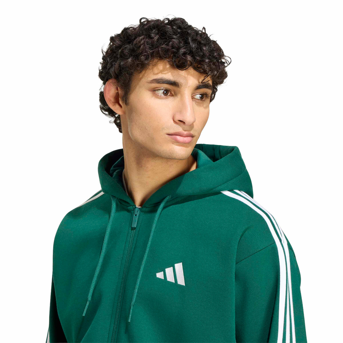 Adidas Giacca da Allenamento con Cappuccio Essentials 3 Strisce In Tessuto Felpato con Zip Integrale Verde