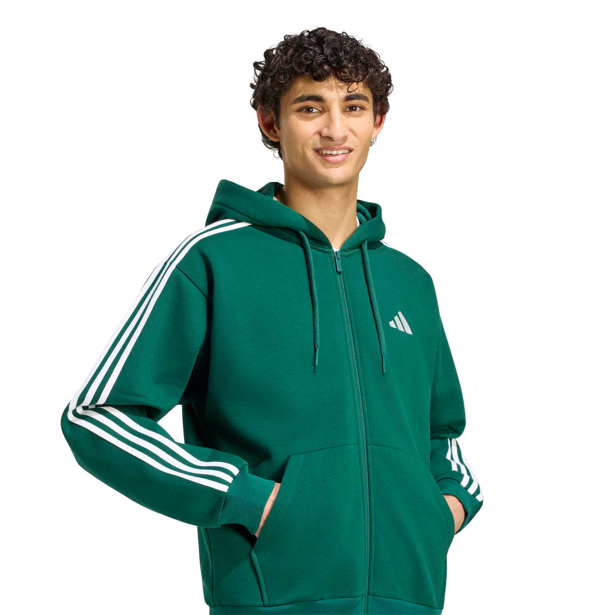Adidas Giacca da Allenamento con Cappuccio Essentials 3 Strisce In Tessuto Felpato con Zip Integrale Verde