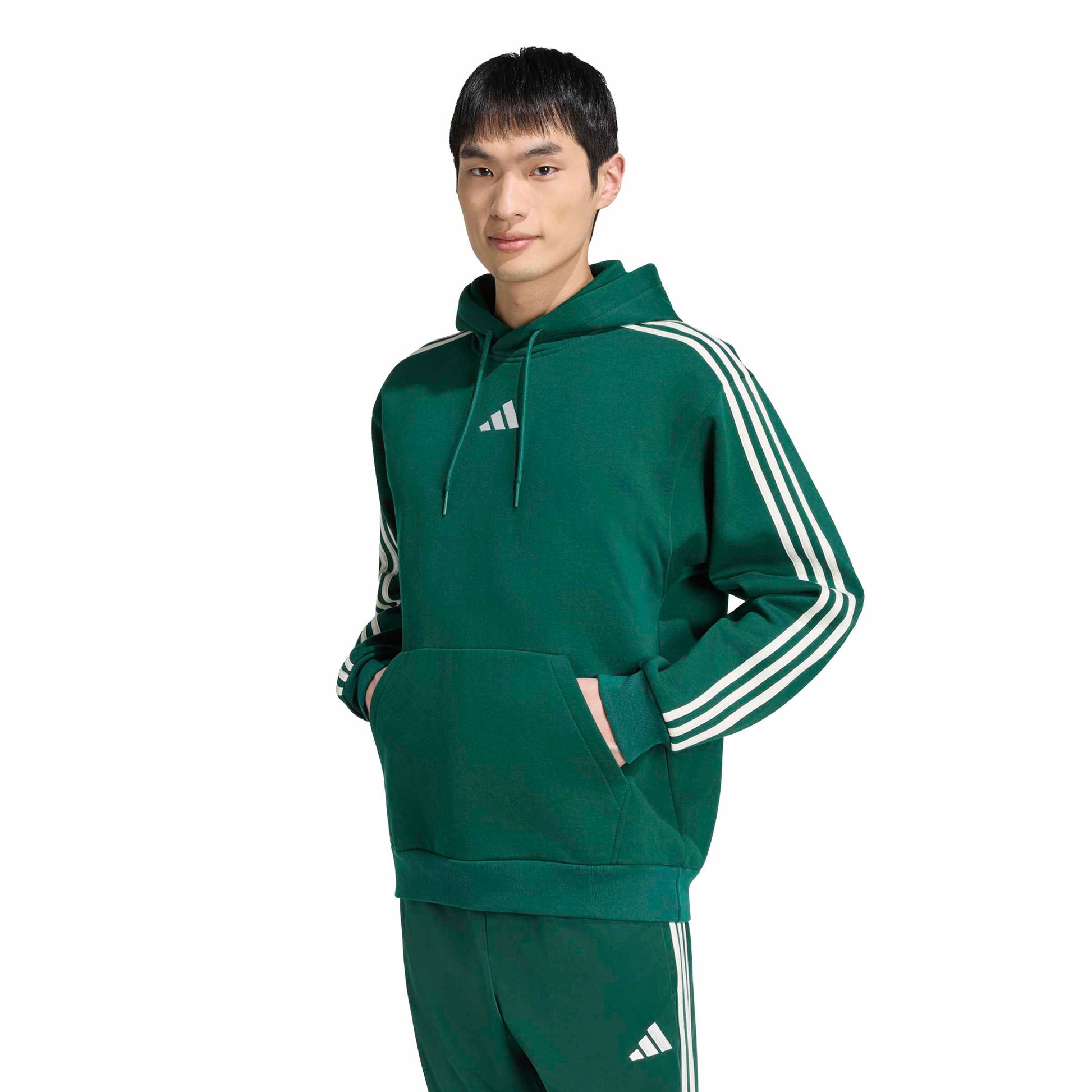 Adidas Felpa con Cappuccio Essentials 3-Stripes Fleece Verde