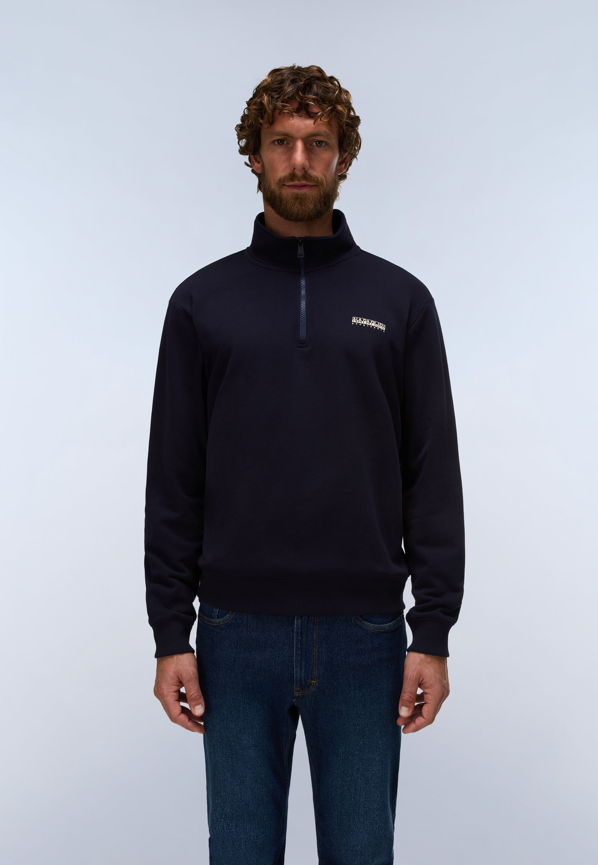 Felpa con Mezza Zip in French Terry Small Box - Blu Scuro