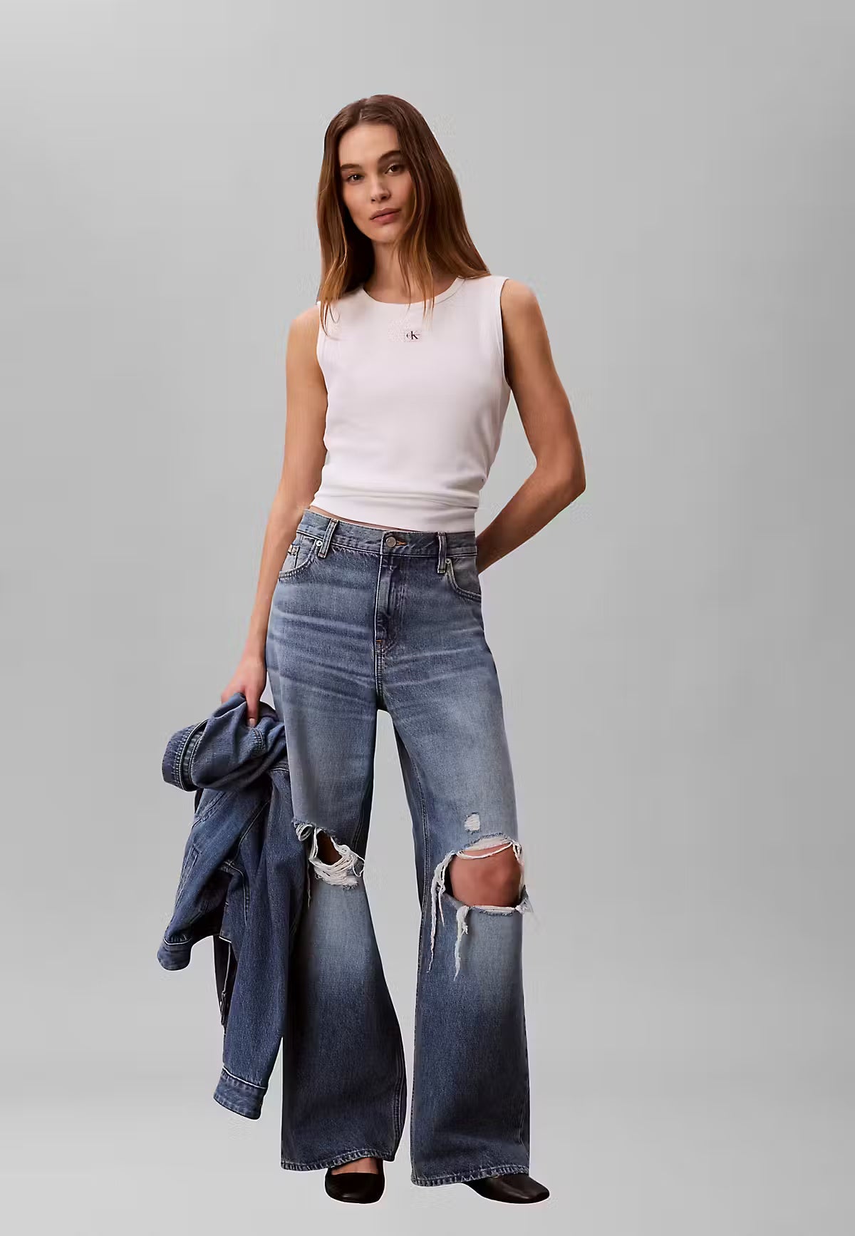 Calvin Klein Top Woven Label Rib Bianco