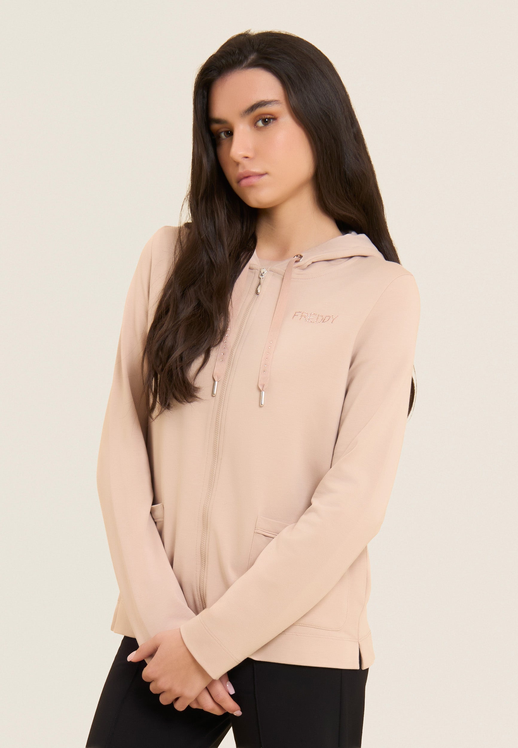 Freddy Felpa Cappuccio Zip Strass Beige