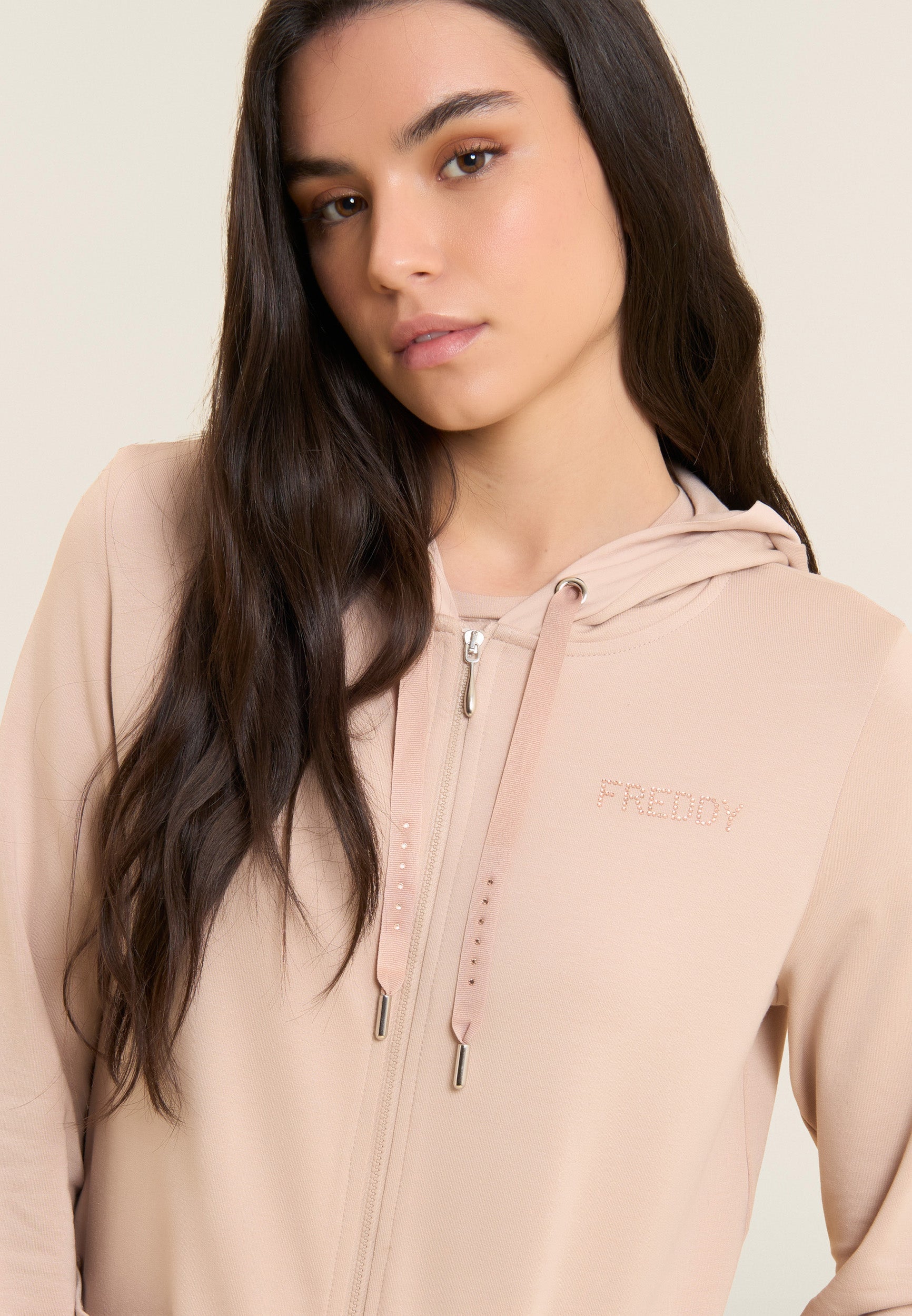 Freddy Felpa Cappuccio Zip Strass Beige