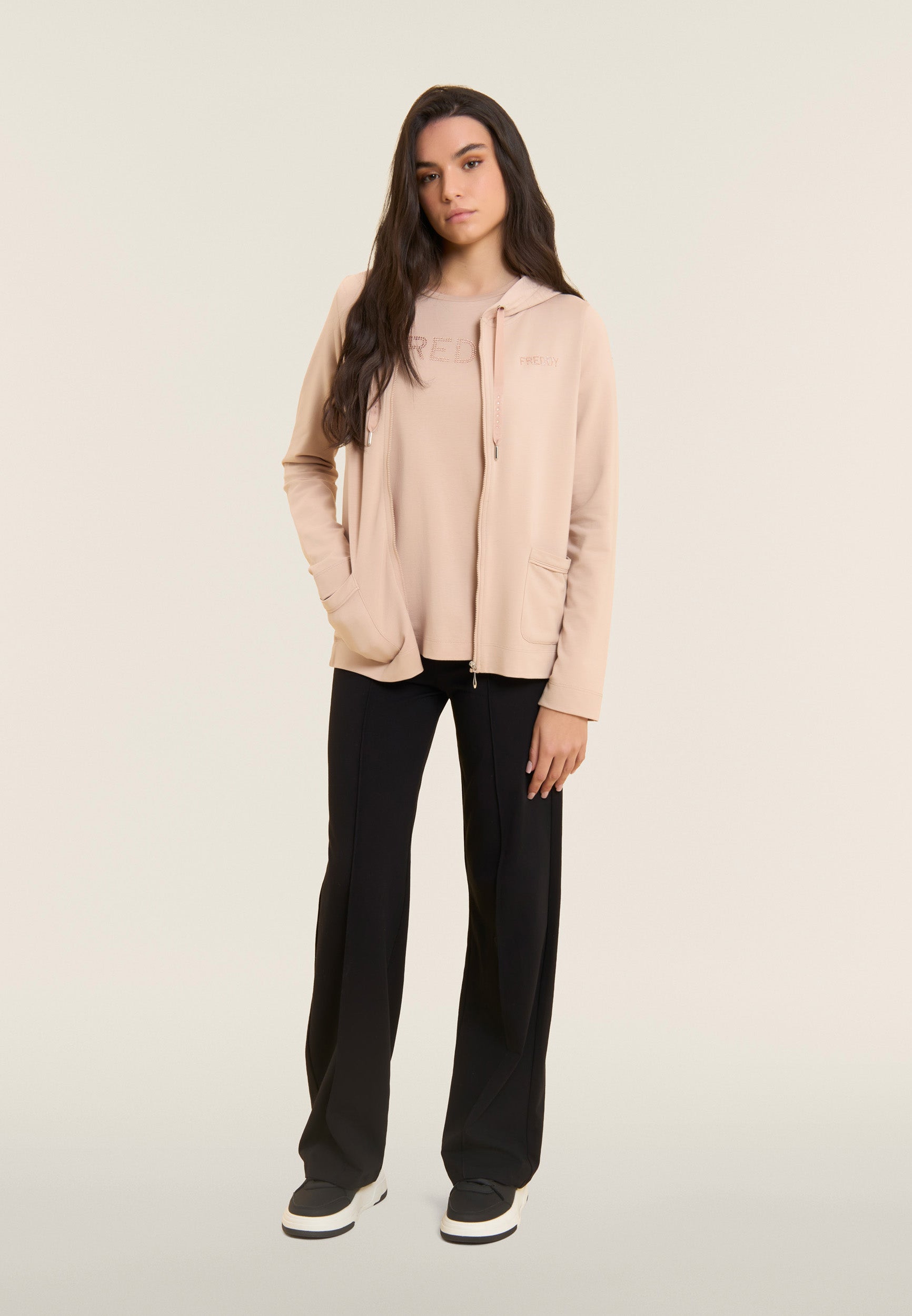 Freddy Felpa Cappuccio Zip Strass Beige