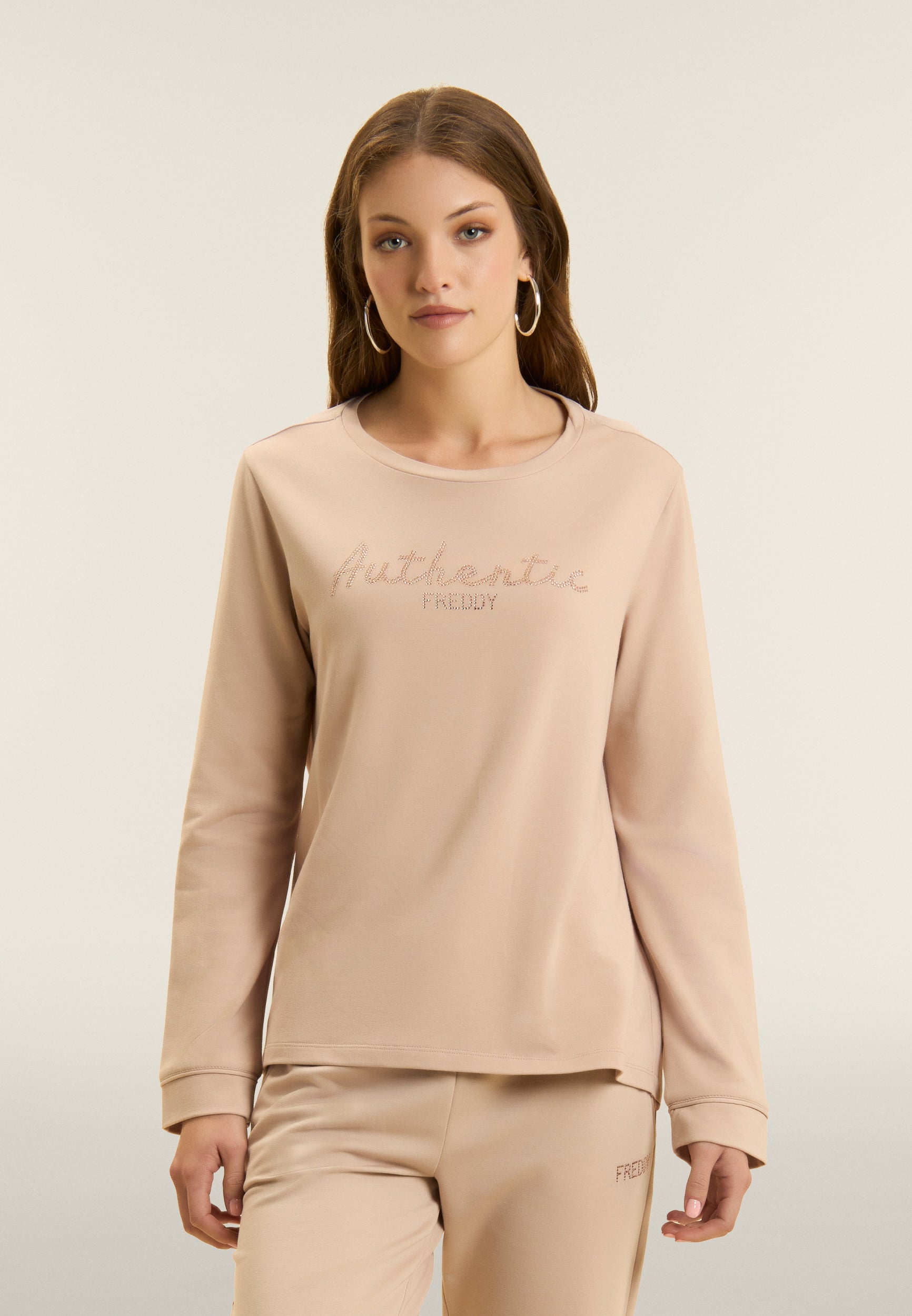 Freddy Felpa Comfort Fit con Strass Authentic Beige