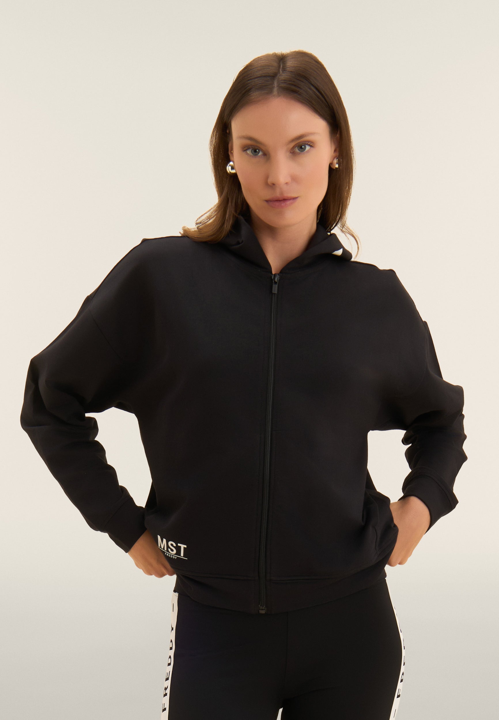 Freddy Felpa Cropped Cappuccio Zip Stampa MST Nero