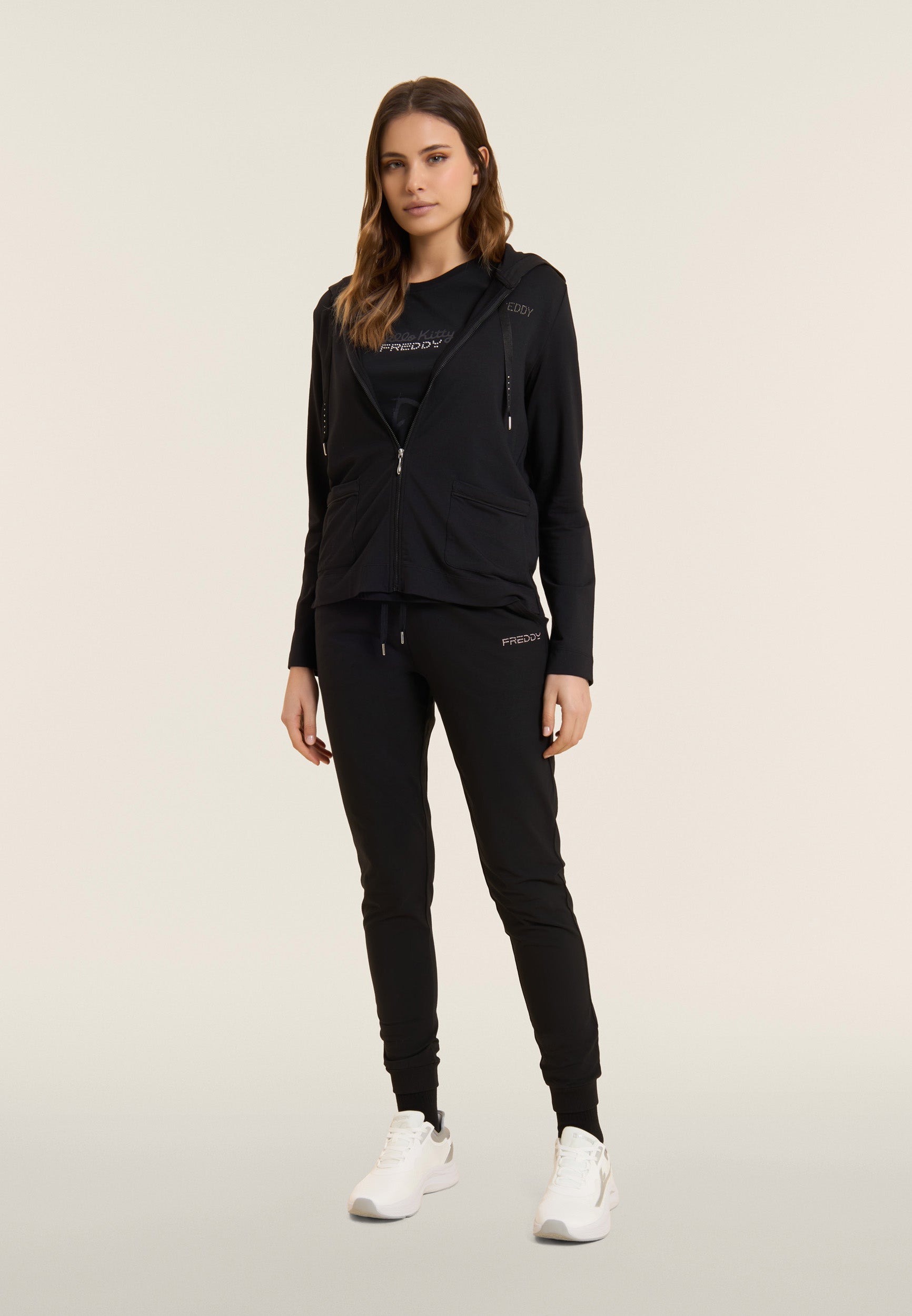 Freddy Felpa Full Zip con Cappuccio e Strass Nero