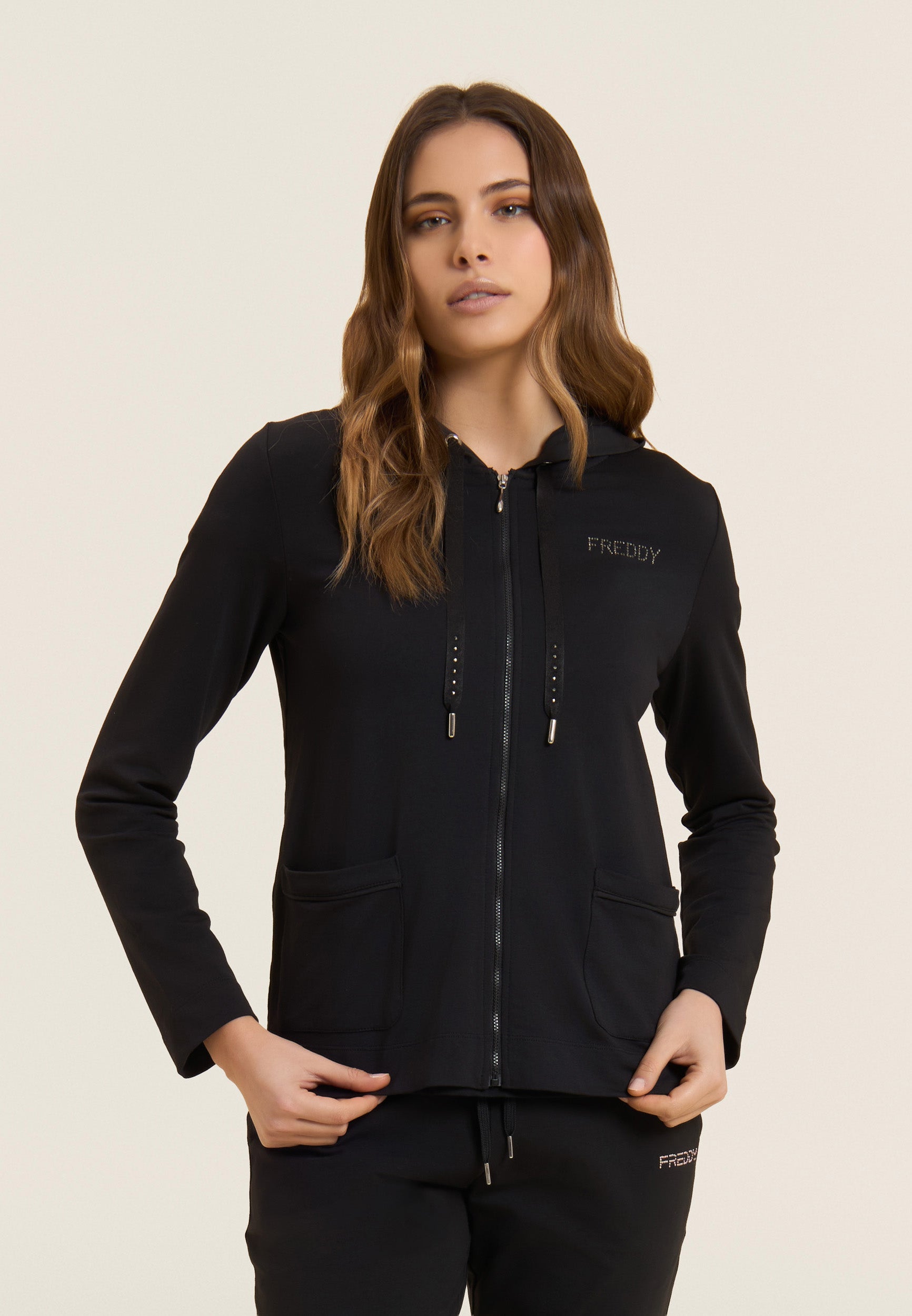 Freddy Felpa Full Zip con Cappuccio e Strass Nero