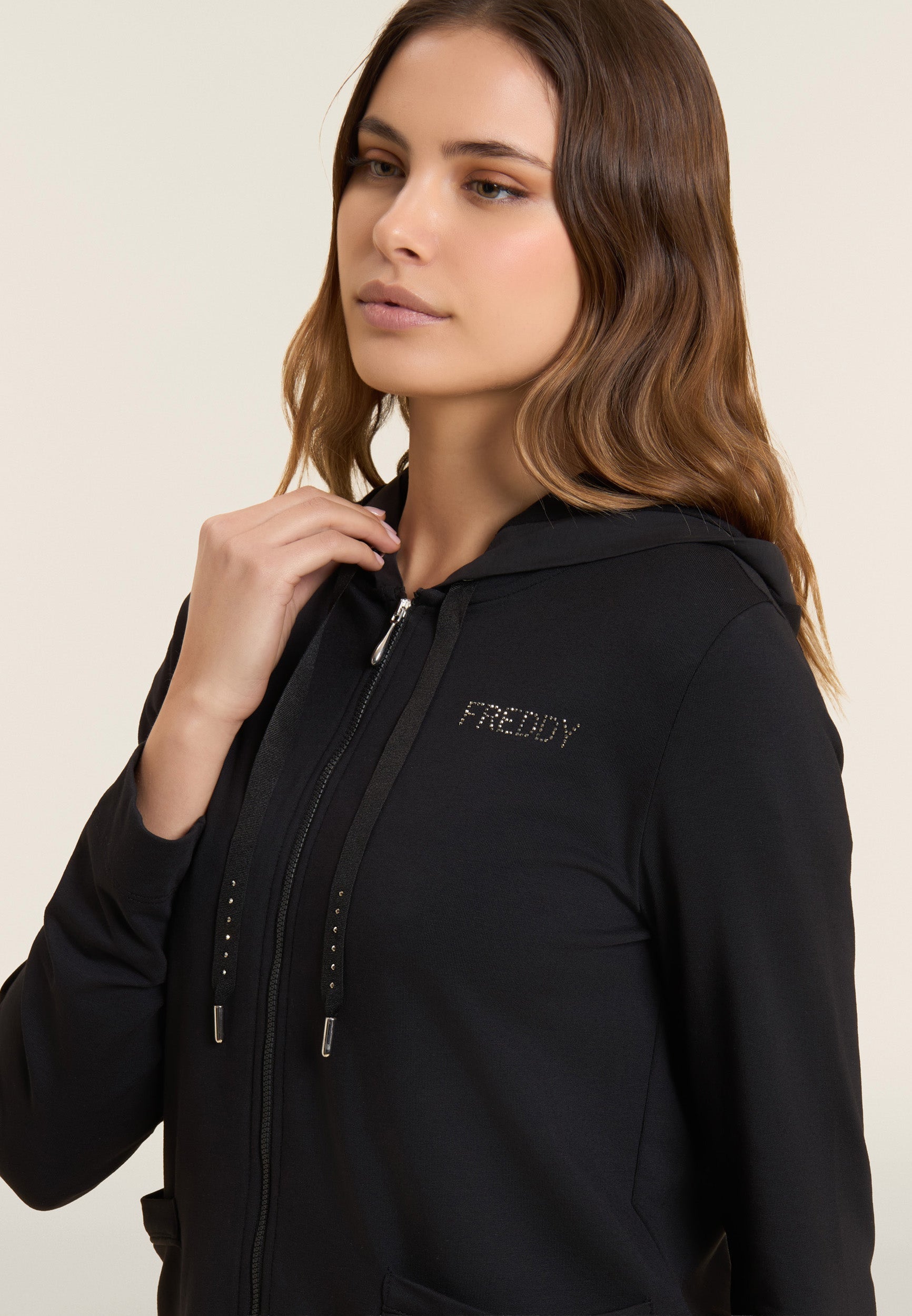 Freddy Felpa Full Zip con Cappuccio e Strass Nero