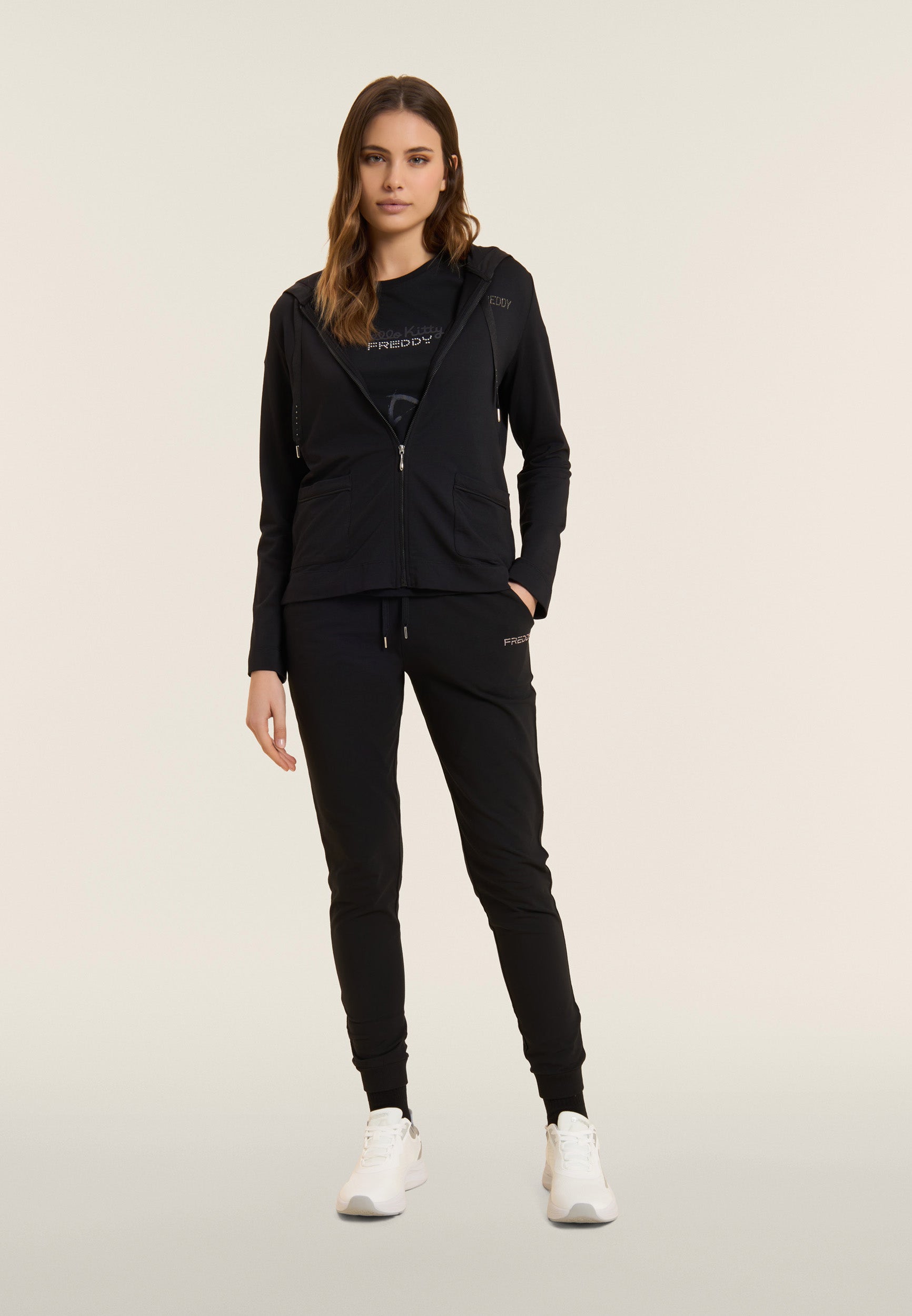 Freddy Felpa Full Zip con Cappuccio e Strass Nero