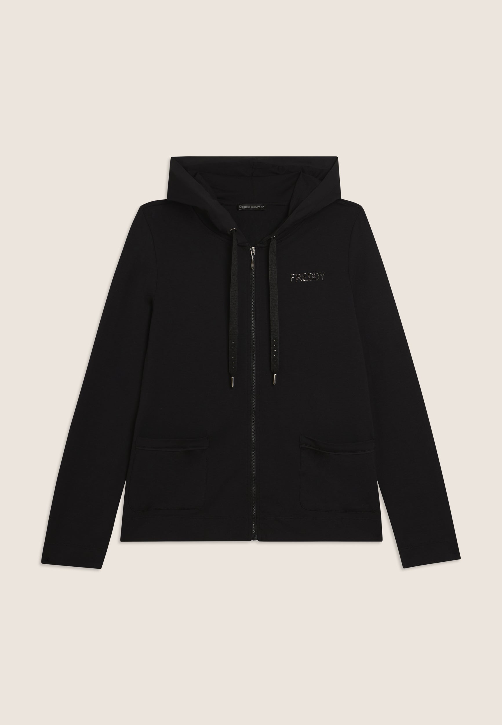 Freddy Felpa Full Zip con Cappuccio e Strass Nero
