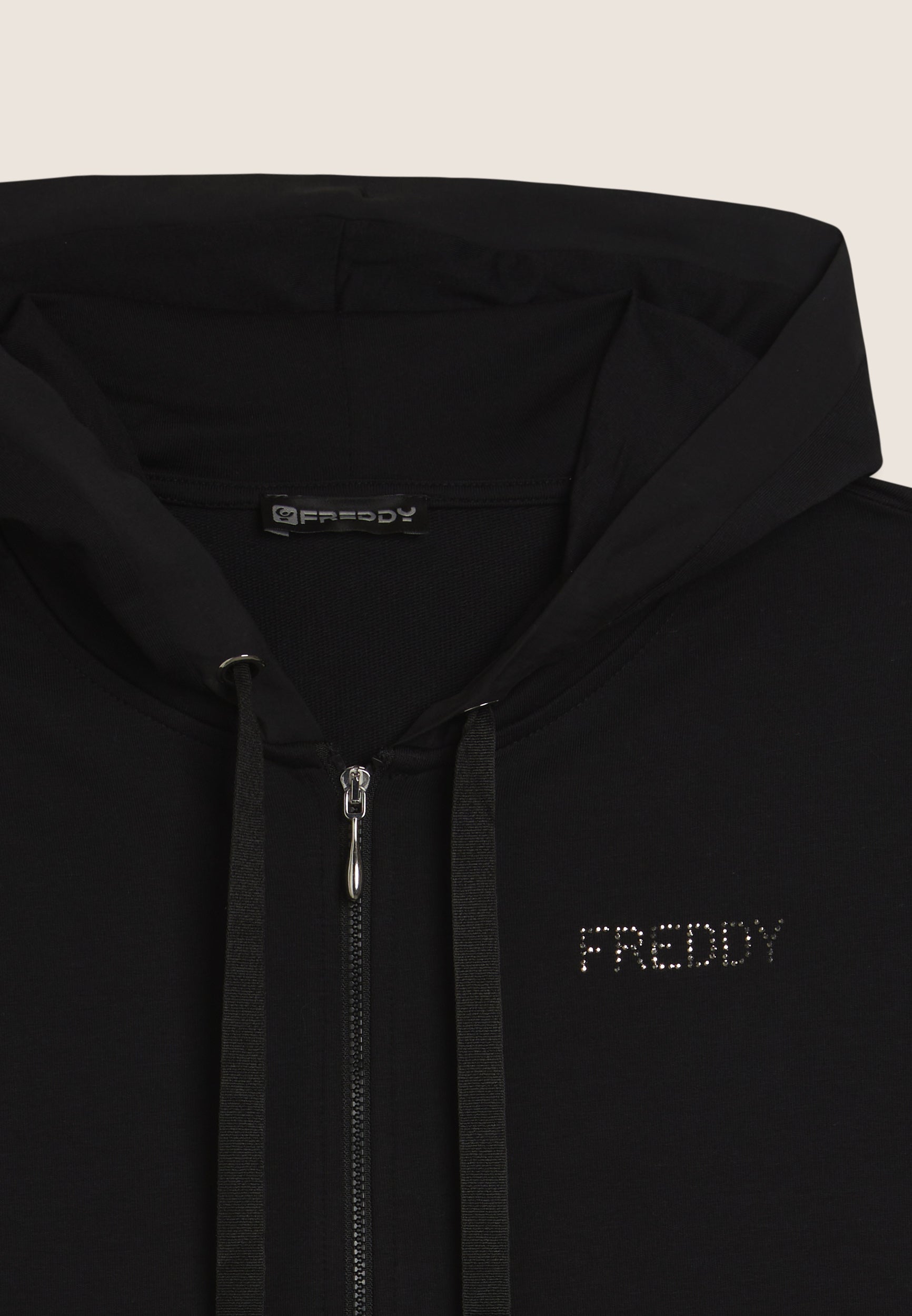 Freddy Felpa Full Zip con Cappuccio e Strass Nero