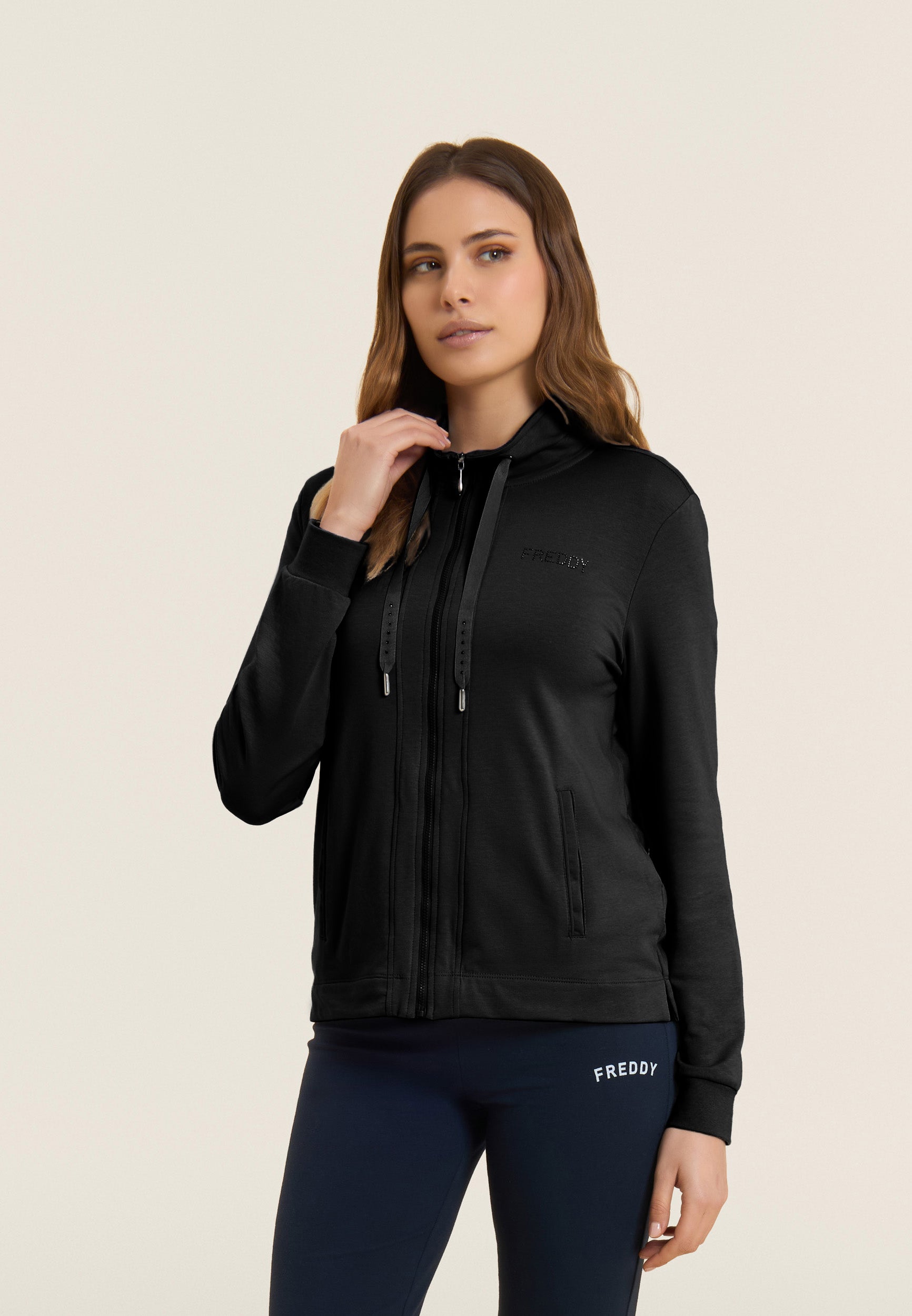 Freddy Felpa Zip Collo Alto con Logo in Strass Nero