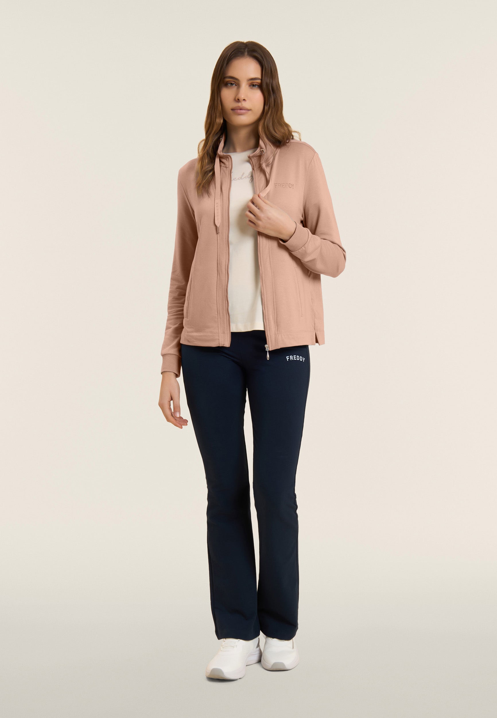 Freddy Felpa Zip e Collo Alto con Logo in Strass Beige