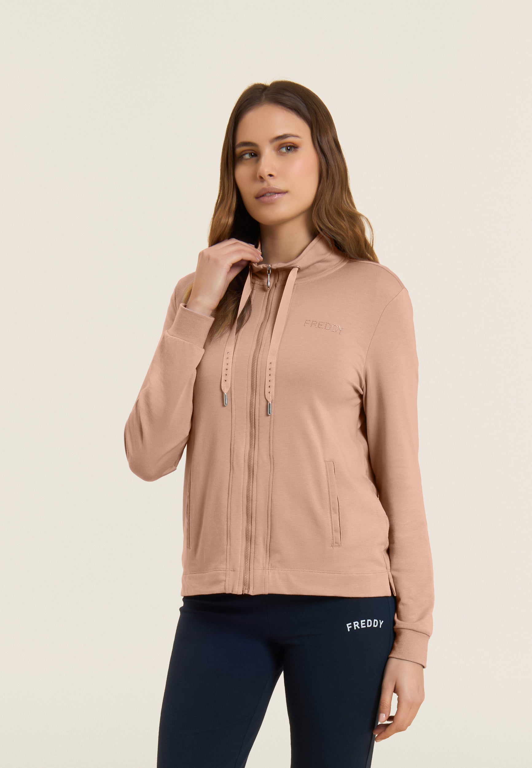 Freddy Felpa Zip e Collo Alto con Logo in Strass Beige