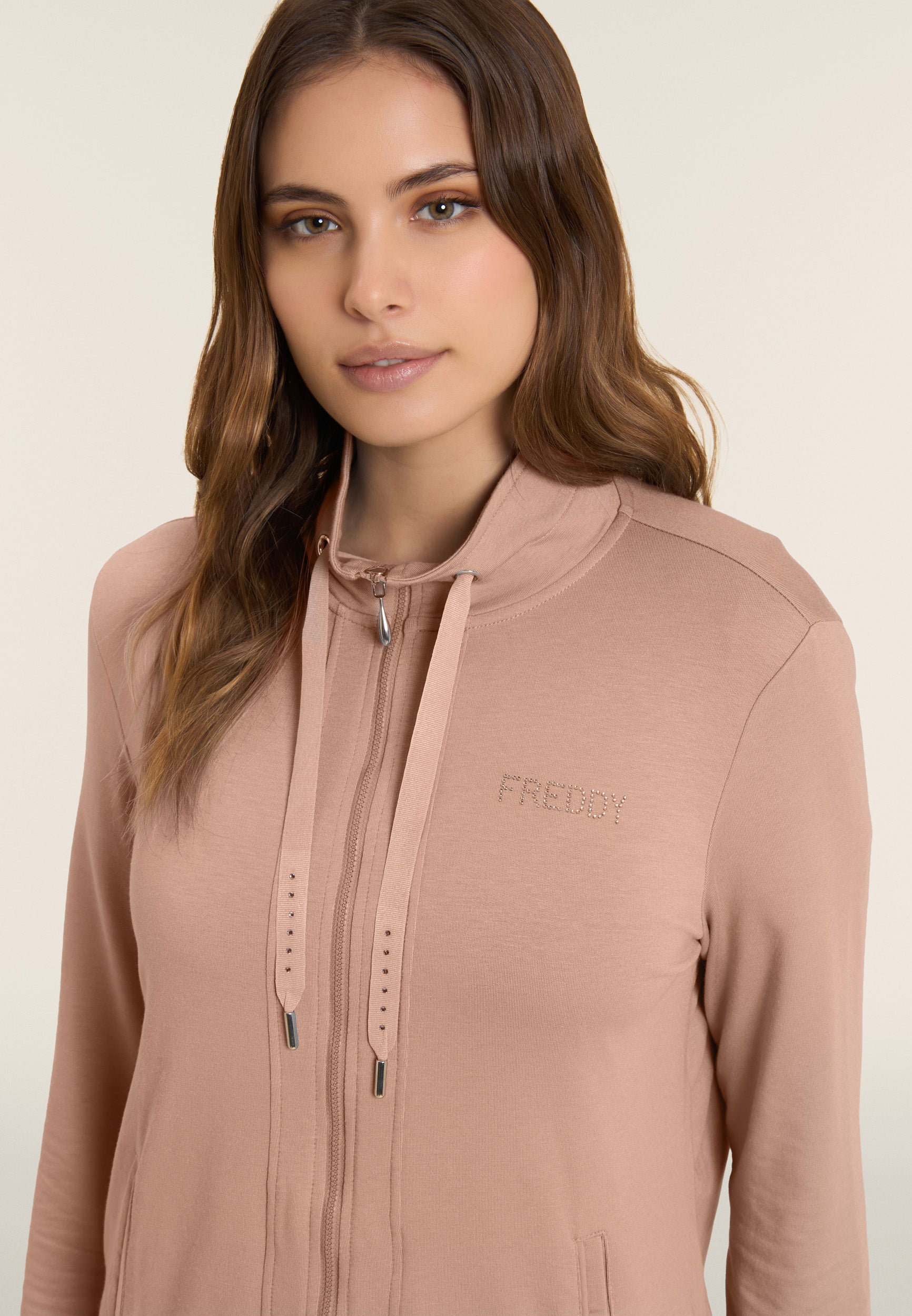Freddy Felpa Zip e Collo Alto con Logo in Strass Beige
