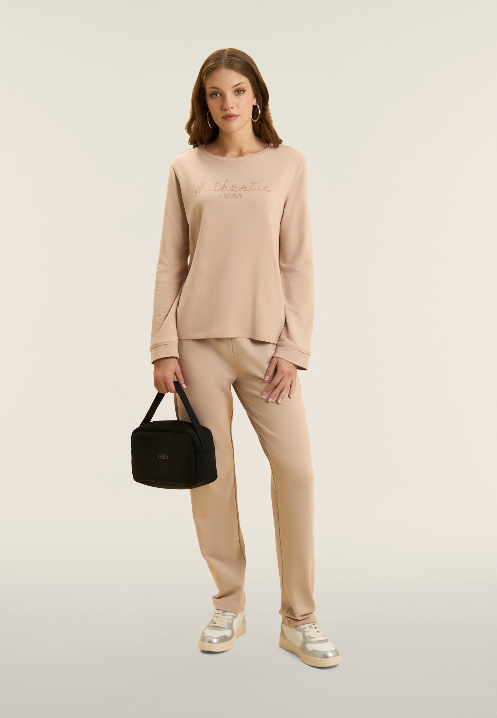 Freddy Pantalone Pantaloni Sportivi con gamba Dritta e strass Beige